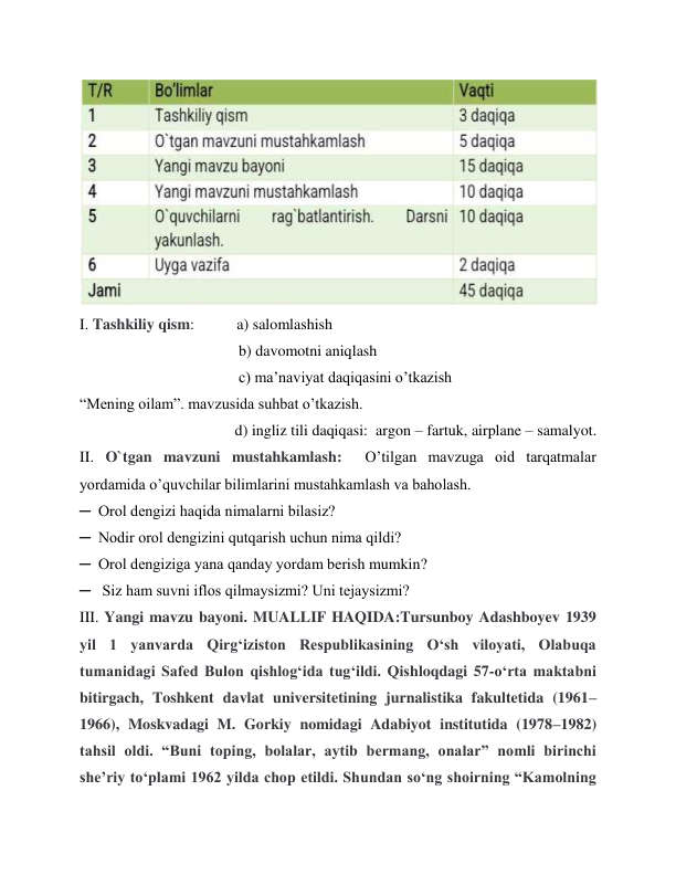  
I. Tashkiliy qism:           a) salomlashish 
 
 
 
 
b) davomotni aniqlash 
 
 
 
 
c) ma’naviyat daqiqasini o’tkazish 
“Mening oilam”. mavzusida suhbat o’tkazish. 
 
 
 
 
d) ingliz tili daqiqasi:  argon – fartuk, airplane – samalyot. 
II. O`tgan mavzuni mustahkamlash:  O’tilgan mavzuga oid tarqatmalar 
yordamida o’quvchilar bilimlarini mustahkamlash va baholash. 
─  Orol dengizi haqida nimalarni bilasiz? 
─  Nodir orol dengizini qutqarish uchun nima qildi?  
─  Orol dengiziga yana qanday yordam berish mumkin? 
─   Siz ham suvni iflos qilmaysizmi? Uni tejaysizmi?     
III. Yangi mavzu bayoni. MUALLIF HAQIDA:Tursunboy Adashboyev 1939 
yil 1 yanvarda Qirgʻiziston Respublikasining Oʻsh viloyati, Olabuqa 
tumanidagi Safed Bulon qishlogʻida tugʻildi. Qishloqdagi 57-oʻrta maktabni 
bitirgach, Toshkent davlat universitetining jurnalistika fakultetida (1961–
1966), Moskvadagi M. Gorkiy nomidagi Adabiyot institutida (1978–1982) 
tahsil oldi. “Buni toping, bolalar, aytib bermang, onalar” nomli birinchi 
sheʼriy toʻplami 1962 yilda chop etildi. Shundan soʻng shoirning “Kamolning 
