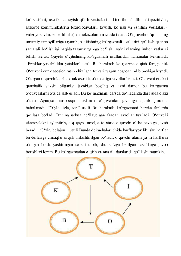  
 
ko‘rsatishni; texnik namoyish qilish vositalari – kinofilm, diafilm, diapozitivlar, 
axborot kommunikatsiya texnologiyalari; tovush, ko‘rish va eshitish vositalari ( 
videoyozuvlar, videofilmlar) va hokazolarni nazarda tutadi. O‘qituvchi o‘qitishning 
umumiy tamoyillariga tayanib, o‘qitishning ko‘rgazmali usullarini qo‘llash qachon 
samarali bo‘lishligi haqida tasavvurga ega bo‘lishi, ya’ni ularning imkoniyatlarini 
bilishi kerak. Quyida o‘qitishning ko‘rgazmali usullaridan namunalar keltiriladi. 
“Ertaklar yaxshilikka yetaklar” usuli Bu harakatli ko‘rgazma o‘qish faniga oid. 
O‘quvchi ertak asosida rasm chizilgan teskari turgan qog‘ozni olib boshiga kiyadi. 
O‘tirgan o‘quvchilar shu ertak asosida o‘quvchiga savollar beradi. O‘quvchi ertakni 
qanchalik yaxshi bilganlgi javobiga bog‘liq va ayni damda bu ko‘rgazma 
o‘quvchilarni o‘ziga jalb qiladi. Bu ko‘rgazmani darsda qo‘llaganda dars juda qiziq 
o‘tadi. Ayniqsa musoboqa darslarida o‘quvchilar javobiga qarab guruhlar 
baholanadi. “O‘yla, izla, top” usuli Bu harakatli ko‘rgazmani barcha fanlarda 
qo‘llasa bo‘ladi. Buning uchun qo‘llaydigan fandan savollar tuziladi. O‘quvchi 
charxpalakni aylantirib, o‘q qaysi savolga to‘xtasa o‘quvchi o‘sha savolga javob 
beradi. “O‘yla, bolajon!” usuli Bunda doirachalar ichida harflar yozilib, shu harflar 
bir-birlariga chiziqlar orqali birlashtirilgan bo‘ladi, o‘quvchi ularni ya’ni harflarni 
o‘qigan holda yashiringan so‘zni topib, shu so‘zga berilgan savollarga javob 
berishlari lozim. Bu ko‘rgazmadan o‘qish va ona tili darslarida qo‘llashi mumkin. 
 
