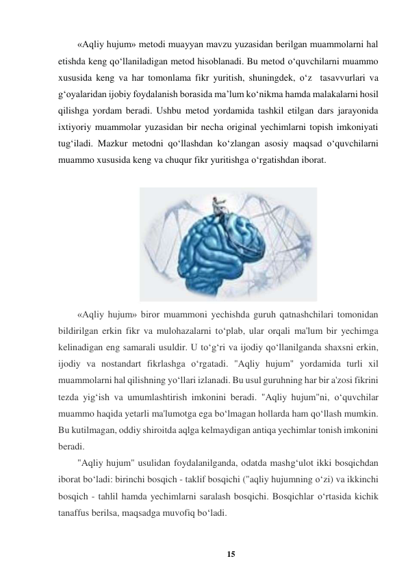 15 
 
«Aqliy hujum» metodi muayyan mavzu yuzasidan berilgan muammolarni hal 
etishda keng qo‘llaniladigan metod hisoblanadi. Bu metod o‘quvchilarni muammo 
xususida keng va har tomonlama fikr yuritish, shuningdek, o‘z  tasavvurlari va 
g‘oyalaridan ijobiy foydalanish borasida ma’lum ko‘nikma hamda malakalarni hosil 
qilishga yordam beradi. Ushbu metod yordamida tashkil etilgan dars jarayonida 
ixtiyoriy muammolar yuzasidan bir necha original yechimlarni topish imkoniyati 
tug‘iladi. Mazkur metodni qo‘llashdan ko‘zlangan asosiy maqsad o‘quvchilarni 
muammo xususida keng va chuqur fikr yuritishga o‘rgatishdan iborat.  
  
  
«Aqliy hujum» biror muammoni yechishda guruh qatnashchilari tomonidan 
bildirilgan erkin fikr va mulohazalarni to‘plab, ular orqali ma'lum bir yechimga 
kelinadigan eng samarali usuldir. U to‘g‘ri va ijodiy qo‘llanilganda shaxsni erkin, 
ijodiy va nostandart fikrlashga o‘rgatadi. "Aqliy hujum" yordamida turli xil 
muammolarni hal qilishning yo‘llari izlanadi. Bu usul guruhning har bir a'zosi fikrini 
tezda yig‘ish va umumlashtirish imkonini beradi. "Aqliy hujum"ni, o‘quvchilar 
muammo haqida yetarli ma'lumotga ega bo‘lmagan hollarda ham qo‘llash mumkin. 
Bu kutilmagan, oddiy shiroitda aqlga kelmaydigan antiqa yechimlar tonish imkonini 
beradi.   
"Aqliy hujum" usulidan foydalanilganda, odatda mashg‘ulot ikki bosqichdan 
iborat bo‘ladi: birinchi bosqich - taklif bosqichi ("aqliy hujumning o‘zi) va ikkinchi 
bosqich - tahlil hamda yechimlarni saralash bosqichi. Bosqichlar o‘rtasida kichik 
tanaffus berilsa, maqsadga muvofiq bo‘ladi.  
