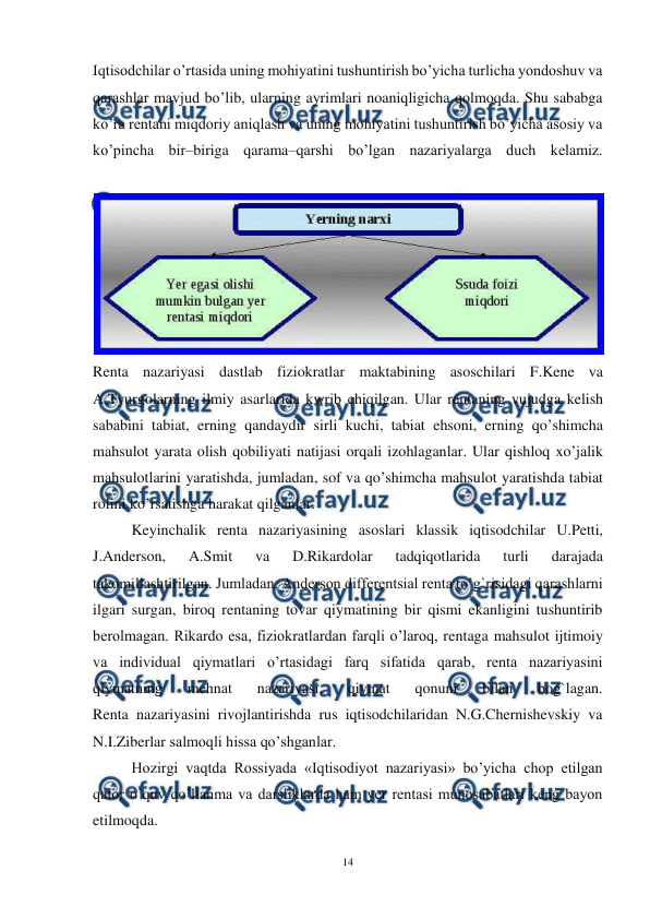  
14 
 
Iqtisodchilar o’rtasida uning mohiyatini tushuntirish bo’yicha turlicha yondoshuv va 
qarashlar mavjud bo’lib, ularning ayrimlari noaniqligicha qolmoqda. Shu sababga 
ko’ra rentani miqdoriy aniqlash va uning mohiyatini tushuntirish bo’yicha asosiy va 
ko’pincha bir–biriga qarama–qarshi bo’lgan nazariyalarga duch kelamiz. 
 
Renta nazariyasi dastlab fiziokratlar maktabining asoschilari F.Kene va 
A.Tyurgolarning ilmiy asarlarida kwrib chiqilgan. Ular rentaning vujudga kelish 
sababini tabiat, erning qandaydir sirli kuchi, tabiat ehsoni, erning qo’shimcha 
mahsulot yarata olish qobiliyati natijasi orqali izohlaganlar. Ular qishloq xo’jalik 
mahsulotlarini yaratishda, jumladan, sof va qo’shimcha mahsulot yaratishda tabiat 
rolini ko’rsatishga harakat qilganlar. 
Keyinchalik renta nazariyasining asoslari klassik iqtisodchilar U.Petti, 
J.Anderson, 
A.Smit 
va 
D.Rikardolar 
tadqiqotlarida 
turli 
darajada 
takomillashtirilgan. Jumladan, Anderson differentsial renta to’g`risidagi qarashlarni 
ilgari surgan, biroq rentaning tovar qiymatining bir qismi ekanligini tushuntirib 
berolmagan. Rikardo esa, fiziokratlardan farqli o’laroq, rentaga mahsulot ijtimoiy 
va individual qiymatlari o’rtasidagi farq sifatida qarab, renta nazariyasini 
qiymatning 
mehnat 
nazariyasi, 
qiymat 
qonuni 
bilan 
bog`lagan. 
Renta nazariyasini rivojlantirishda rus iqtisodchilaridan N.G.Chernishevskiy va 
N.I.Ziberlar salmoqli hissa qo’shganlar. 
Hozirgi vaqtda Rossiyada «Iqtisodiyot nazariyasi» bo’yicha chop etilgan 
qator o’quv qo’llanma va darsliklarda ham yer rentasi munosabatlari keng bayon 
etilmoqda. 
