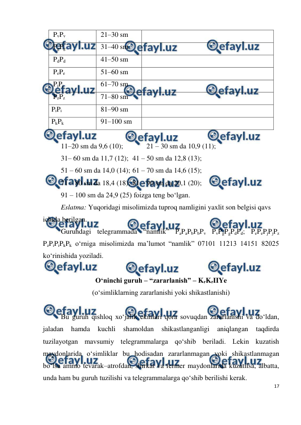  
17 
 
PvPv 
21–30 sm 
 
PgPg 
31–40 sm 
 
PdPd 
41–50 sm 
 
PePe 
51–60 sm 
 
PjPj 
61–70 sm 
 
PzPz 
71–80 sm 
 
PiPi 
81–90 sm 
 
PkPk 
91–100 sm 
 
 
11–20 sm da 9,6 (10); 
        21 – 30 sm da 10,9 (11); 
31– 60 sm da 11,7 (12); 41 – 50 sm da 12,8 (13); 
51 – 60 sm da 14,0 (14); 61 – 70 sm da 14,6 (15); 
71 – 80 sm da 18,4 (18); 81 – 90 sm da 20,1 (20); 
91 – 100 sm da 24,9 (25) foizga teng bo‘lgan. 
Eslatma: Yuqoridagi misolimizda tuproq namligini yaxlit son belgisi qavs 
ichida berilgan. 
Guruhdagi telegrammada “namlik” PaPaPbPbPv PvPgPgPdPd; PePePjPjPz 
PzPiPiPkPk o‘rniga misolimizda ma’lumot “namlik” 07101 11213 14151 82025 
ko‘rinishida yoziladi. 
 
O‘ninchi guruh – “zararlanish” – KrKrIIYe 
(o‘simliklarning zararlanishi yoki shikastlanishi)  
 
Bu guruh qishloq xo‘jalik ekinlari qora sovuqdan zararlanishi va do‘ldan, 
jaladan 
hamda 
kuchli 
shamoldan 
shikastlanganligi 
aniqlangan 
taqdirda 
tuzilayotgan mavsumiy telegrammalarga qo‘shib beriladi. Lekin kuzatish 
maydonlarida o‘simliklar bu hodisadan zararlanmagan yoki shikastlanmagan 
bo‘lsa ammo tevarak–atrofdan, shirkat va fermer maydonlarida kuzatilsa, albatta, 
unda ham bu guruh tuzilishi va telegrammalarga qo‘shib berilishi kerak. 
