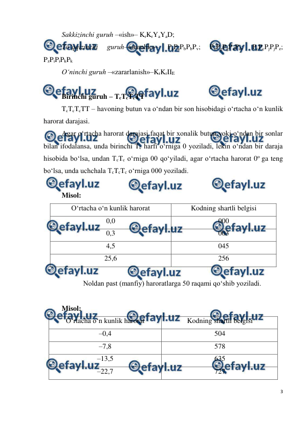  
3 
 
Sakkizinchi guruh –«ish»– KrKrYaYaD; 
To‘qqizinchi 
guruh–«namlik»– 
PaPaPbPbPv; 
PvPgPgPdPd; 
PcPcPjPjPz; 
PzPiPiPkPk  
O‘ninchi guruh –«zararlanish»–KrKrIIE 
 
Birinchi guruh – TcTcTcTT 
TcTcTcTT – havoning butun va o‘ndan bir son hisobidagi o‘rtacha o‘n kunlik 
harorat darajasi. 
Agar o‘rtacha harorat darajasi faqat bir xonalik butun yoki o‘ndan bir sonlar 
bilan ifodalansa, unda birinchi Tc harfi o‘rniga 0 yoziladi, lekin o‘ndan bir daraja 
hisobida bo‘lsa, undan TcTc o‘rniga 00 qo‘yiladi, agar o‘rtacha harorat 0o ga teng 
bo‘lsa, unda uchchala TcTcTc o‘rniga 000 yoziladi. 
 
Misol: 
O‘rtacha o‘n kunlik harorat 
Kodning shartli belgisi 
0,0 
000 
0,3 
003 
4,5 
045 
25,6 
256 
 
Noldan past (manfiy) haroratlarga 50 raqami qo‘shib yoziladi. 
 
Misol: 
O‘rtacha o‘n kunlik harorat 
Kodning shartli belgisi 
–0,4 
504 
–7,8 
578 
–13,5 
635 
–22,7 
727 
 
