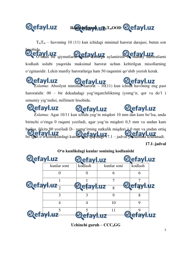  
5 
 
 
Ikkinchi guruh – TmTmOOD 
 
TmTm – havoning 10 (11) kun ichidagi minimal harorat darajasi, butun son 
hisobida. 
O‘ndan bir qiymatlarni butun sonlarga aylantirish va manfiy haroratlarni 
kodlash uslubi yuqorida maksimal harorat uchun keltirilgan misollarning 
o‘zginasidir. Lekin manfiy haroratlarga ham 50 raqamini qo‘shib yozish kerak. 
 
Eslatma: Absolyut minimal harorat – 10(11) kun ichida havoning eng past 
haroratidir. 00 – bir dekadadagi yog‘ingarchilikning (yomg‘ir, qor va do‘l ) 
umumiy yig‘indisi, millimetr hisobida. 
 
Eslatma: Agar 10/11 kun ichida yog‘in miqdori 10 mm dan kam bo‘lsa, unda 
birinchi o‘ringa 0 raqami yoziladi, agar yog‘in miqdori 0,5 mm va undan kam 
bo‘lsa, ikkita 00 yoziladi D– yomg‘irning sutkalik miqdori 1.0 mm va undan ortiq 
bo‘lgan o‘n kunliklardagi kunlar soni quyidagi 17.1 – jadval yordamida kodlanadi. 
17.1–jadval 
O‘n kunlikdagi kunlar sonining kodlanishi 
 
kunlar soni 
kodlash 
kunlar soni 
kodlash 
0 
0 
6 
6 
1 
1 
7 
7 
2 
2 
8 
8 
3 
3 
9 
8 
4 
4 
10 
9 
5 
5 
11 
9 
 
Uchinchi guruh – CCCaGG 
