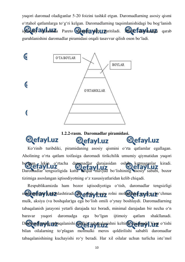  
 
10 
yuqori daromad oladiganlar 5-20 foizini tashkil etgan. Daromadlarning asosiy qismi 
o‘rtahol qatlamlarga to‘g‘ri kelgan. Daromadlarning taqsimlanishidagi bu bog‘lanish 
iqtisodiy nazariada Pareto qonuni deb yuritiladi. Aholi daromadga qarab 
guruhlanishini daromadlar piramidasi orqali tasavvur qilish oson bo‘ladi.  
      
 
                               1.2.2-rasm.  Daromadlar piramidasi. 
 
Кo‘rinib turibdiki, piramidaning asosiy qismini o‘rta qatlamlar egallagan. 
Aholining o‘rta qatlam toifasiga daromadi tirikchilik umumiy qiymatidan yuqori 
bo‘lgan, lekin o‘rtacha daromadlar darajasidan oshib ketmaganlar kiradi.             
Daromadlar tengsizligida katta farqlar mavjud bo‘lishining asosiy sababi, bozor 
tizimiga asoslangan iqtisodiyotning o‘z xususiyatlaridan kelib chiqadi.  
Respublikamizda ham bozor iqtisodiyotiga o‘tish, daromadlar tengsizligi 
muammosini keskinlashtiradi. Bu yerda asosiy rolni molmulkka uy-joy, ko‘chmas 
mulk, aksiya (va boshqalar)ga ega bo‘lish omili o‘ynay boshlaydi. Daromadlarning 
tabaqalanish jarayoni yetarli darajada tez boradi, minimal darajadan bir necha o‘n 
baravar 
yuqori 
daromadga 
ega 
bo‘lgan 
ijtimoiy 
qatlam 
shakllanadi.             
Daromadlarning tabaqalanishi mulkiy tabaqalanishni keltirib chiqaradi. Vaqt o‘tishi 
bilan oilalarning to‘plagan molmulki meros qoldirilishi sababli daromadlar 
tabaqalanishining kuchayishi ro‘y beradi. Har xil oilalar uchun turlicha iste’mol 
