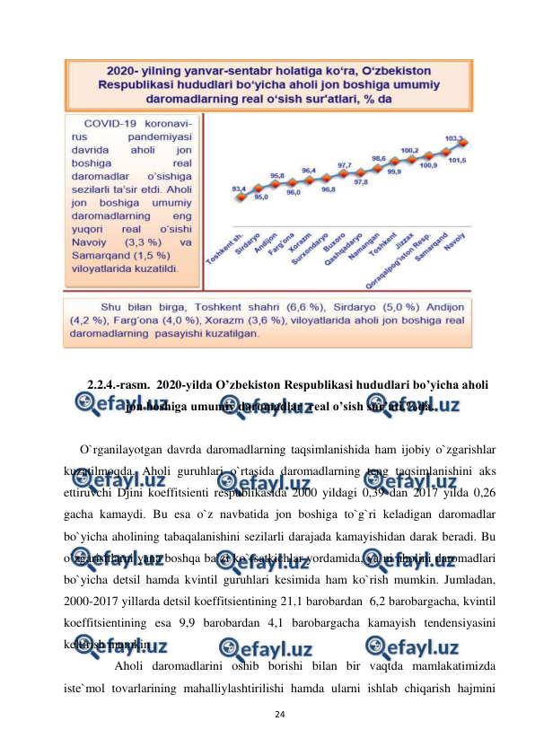  
 
24 
        
 
 
2.2.4.-rasm.  2020-yilda O’zbekiston Respublikasi hududlari bo’yicha aholi 
jon boshiga umumiy daromadlar  real o’sish sur’ati,%da. 
  
O`rganilayotgan davrda daromadlarning taqsimlanishida ham ijobiy o`zgarishlar 
kuzatilmoqda. Aholi guruhlari o`rtasida daromadlarning teng taqsimlanishini aks 
ettiruvchi Djini koeffitsienti respublikasida 2000 yildagi 0,39 dan 2017 yilda 0,26 
gacha kamaydi. Bu esa o`z navbatida jon boshiga to`g`ri keladigan daromadlar 
bo`yicha aholining tabaqalanishini sezilarli darajada kamayishidan darak beradi. Bu 
o`zgarishlarni yana boshqa ba`zi ko`rsatkichlar yordamida, ya`ni aholini daromadlari 
bo`yicha detsil hamda kvintil guruhlari kesimida ham ko`rish mumkin. Jumladan, 
2000-2017 yillarda detsil koeffitsientining 21,1 barobardan  6,2 barobargacha, kvintil 
koeffitsientining esa 9,9 barobardan 4,1 barobargacha kamayish tendensiyasini 
keltirish mumkin . 
           Aholi daromadlarini oshib borishi bilan bir vaqtda mamlakatimizda 
iste`mol tovarlarining mahalliylashtirilishi hamda ularni ishlab chiqarish hajmini 
