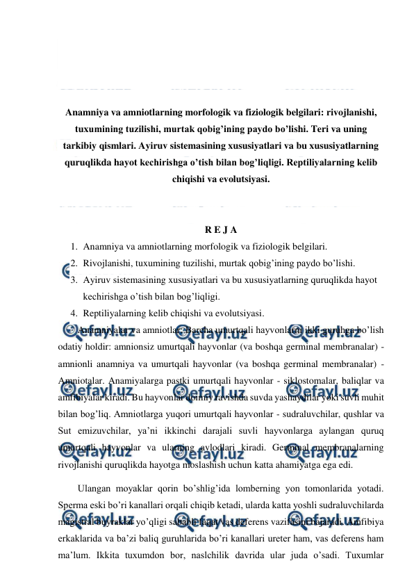  
 
 
 
 
 
Anamniya va amniotlarning morfologik va fiziologik belgilari: rivojlanishi, 
tuxumining tuzilishi, murtak qobig’ining paydo bo’lishi. Teri va uning 
tarkibiy qismlari. Ayiruv sistemasining xususiyatlari va bu xususiyatlarning 
quruqlikda hayot kechirishga o’tish bilan bog’liqligi. Reptiliyalarning kelib 
chiqishi va evolutsiyasi. 
 
 
R E J A 
1. Anamniya va amniotlarning morfologik va fiziologik belgilari. 
2. Rivojlanishi, tuxumining tuzilishi, murtak qobig’ining paydo bo’lishi. 
3. Ayiruv sistemasining xususiyatlari va bu xususiyatlarning quruqlikda hayot 
kechirishga o’tish bilan bog’liqligi. 
4. Reptiliyalarning kelib chiqishi va evolutsiyasi. 
Anamniyalar va amniotlar: Barcha umurtqali hayvonlarni ikki guruhga bo’lish 
odatiy holdir: amnionsiz umurtqali hayvonlar (va boshqa germinal membranalar) - 
amnionli anamniya va umurtqali hayvonlar (va boshqa germinal membranalar) - 
Amniotalar. Anamiyalarga pastki umurtqali hayvonlar - siklostomalar, baliqlar va 
amfibiyalar kiradi. Bu hayvonlar doimiy ravishda suvda yashaydilar yoki suvli muhit 
bilan bog’liq. Amniotlarga yuqori umurtqali hayvonlar - sudraluvchilar, qushlar va 
Sut emizuvchilar, ya’ni ikkinchi darajali suvli hayvonlarga aylangan quruq 
umurtqali hayvonlar va ularning avlodlari kiradi. Germinal membranalarning 
rivojlanishi quruqlikda hayotga moslashish uchun katta ahamiyatga ega edi. 
Ulangan moyaklar qorin bo’shlig’ida lomberning yon tomonlarida yotadi. 
Sperma eski bo’ri kanallari orqali chiqib ketadi, ularda katta yoshli sudraluvchilarda 
magistral buyraklar yo’qligi sababli faqat vas deferens vazifasini bajaradi. Amfibiya 
erkaklarida va ba’zi baliq guruhlarida bo’ri kanallari ureter ham, vas deferens ham 
ma’lum. Ikkita tuxumdon bor, naslchilik davrida ular juda o’sadi. Tuxumlar 
