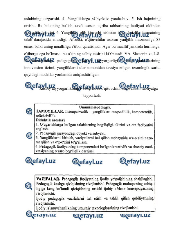  
 
 
uslubining o'zgarishi. 4. Yangiliklarga sUbyektiv yondashuv. 5. Ish hajmining 
ortishi. Bu holatning bo'lish xavfi asosan tajriba rahbarining faoliyati oldindan 
rejalashtirilganligi. 6. Yangilikni olib kiruvchi nisbatan ishonchsizlik, hurmatning 
talab darajasida emasligi. Afsuski, o'qituvchilar asosan yangilik mazmuniga 83 
emas, balki uning muallifiga e'tibor qaratishadi. Agar bu muallif jamoada hurmatga, 
e'tiborga ega bo'lmasa, bu o'zining salbiy ta'sirini kO'rsatadi. VA. Slastenin va L.S. 
Podimovalarning 
pedagogning 
kasbiy 
tayyorgarligi, 
uning 
qarashlarining 
innovatsion tizimi, yangiliklarni ular tomonidan tavsiya etilgan texnologik xarita 
quyidagi modellar yordamida aniqlashtirilgan: 
 
Kasbiy tayyorgarlikning I-bosqichida o'qituvchini innovatsion faoliyatga 
tayyorlash: 
 
 
 
 
 
 
 
 
 
 
 
 
 
 
 
 
 
 
