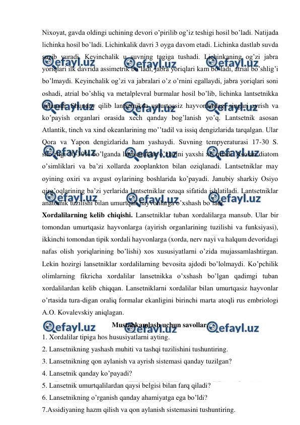  
 
Nixoyat, gavda oldingi uchining devori o’pirilib og’iz teshigi hosil bo’ladi. Natijada 
lichinka hosil bo’ladi. Lichinkalik davri 3 oyga davom etadi. Lichinka dastlab suvda 
suzib yuradi. Keyinchalik u suvning tagiga tushadi. Lichinkaning og’zi jabra 
yoriqlari ilk davrida assimetrik bo’ladi, jabra yoriqlari kam bo’ladi, atrial bo’shlig’i 
bo’lmaydi. Keyinchalik og’zi va jabralari o’z o’rnini egallaydi, jabra yoriqlari soni 
oshadi, atrial bo’shliq va metalplevral burmalar hosil bo’lib, lichinka lantsetnikka 
aylanadi. Shunday qilib lantsetnikda umurtqasiz hayvonlardagi singari ayrish va 
ko’payish organlari orasida xech qanday bog’lanish yo’q. Lantsetnik asosan 
Atlantik, tinch va xind okeanlarining mo’’tadil va issiq dengizlarida tarqalgan. Ular 
Qora va Yapon dengizlarida ham yashaydi. Suvning tempyeraturasi 17-30 S. 
sho’rligi 20-30% bo’lganda lantsetniklar o’zlarini yaxshi xis qiladi. Asosan diatom 
o’simliklari va ba’zi xollarda zooplankton bilan oziqlanadi. Lantsetniklar may 
oyining oxiri va avgust oylarining boshlarida ko’payadi. Janubiy sharkiy Osiyo 
qirg’oqlarining ba’zi yerlarida lantsetniklar ozuqa sifatida ishlatiladi. Lantsetniklar 
anatomik tuzilishi bilan umurtqali hayvonlarga o’xshash bo’ladi. 
Xordalilarning kelib chiqishi. Lansetniklar tuban xordalilarga mansub. Ular bir 
tomondan umurtqasiz hayvonlarga (ayirish organlarining tuzilishi va funksiyasi), 
ikkinchi tomondan tipik xordali hayvonlarga (xorda, nerv nayi va halqum devoridagi 
nafas olish yoriqlarining bo’lishi) xos xususiyatlarni o’zida mujassamlashtirgan. 
Lekin hozirgi lansetniklar xordalilarning bevosita ajdodi bo’lolmaydi. Ko’pchilik 
olimlarning fikricha xordalilar lansetnikka o’xshash bo’lgan qadimgi tuban 
xordalilardan kelib chiqqan. Lansetniklarni xordalilar bilan umurtqasiz hayvonlar 
o’rtasida tura-digan oraliq formalar ekanligini birinchi marta atoqli rus embriologi 
A.O. Kovalevskiy aniqlagan. 
Mustahkamlash uchun savollar. 
1. Xordalilar tipiga hos hususiyatlarni ayting. 
2. Lansetnikning yashash muhiti va tashqi tuzilishini tushuntiring. 
3. Lansetnikning qon aylanish va ayrish sistemasi qanday tuzilgan? 
4. Lansetnik qanday ko’payadi? 
5. Lansetnik umurtqalilardan qaysi belgisi bilan farq qiladi? 
6. Lansetnikning o’rganish qanday ahamiyatga ega bo’ldi?  
7.Assidiyaning hazm qilish va qon aylanish sistemasini tushuntiring. 
