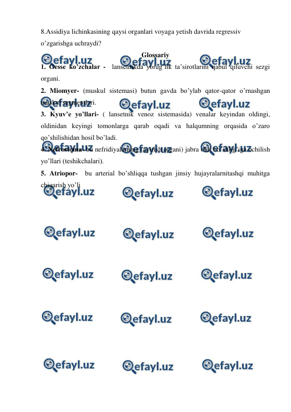  
 
8.Assidiya lichinkasining qaysi organlari voyaga yetish davrida regressiv 
o’zgarishga uchraydi? 
Glossariy 
1. Gesse ko’zchalar -  lansetnikda yorug’lik ta’sirotlarini qabul qiluvchi sezgi 
organi. 
2. Miomyer- (muskul sistemasi) butun gavda bo’ylab qator-qator o’rnashgan 
muskul segmentlari. 
3. Kyuv’e yo’llari- ( lansetnik venoz sistemasida) venalar keyindan oldingi, 
oldinidan keyingi tomonlarga qarab oqadi va halqumning orqasida o’zaro 
qo’shilishidan hosil bo’ladi. 
4. Nefrostoma- bu nefridiyalarning (ayirish organi) jabra oldi bo’shlig’iga ochilish 
yo’llari (teshikchalari). 
5. Atriopor-  bu arterial bo’shliqqa tushgan jinsiy hujayralarnitashqi muhitga 
chiqarish yo’li 
 
