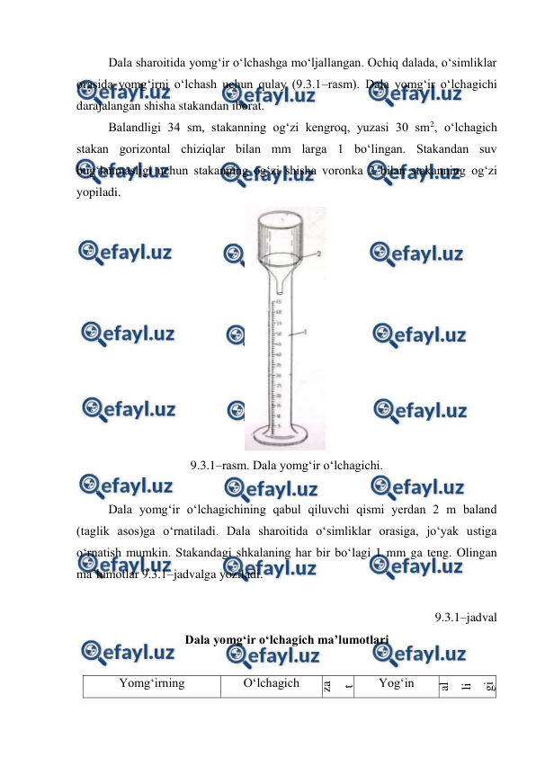  
 
Dala sharoitida yomg‘ir o‘lchashga mo‘ljallangan. Ochiq dalada, o‘simliklar 
orasida yomg‘irni o‘lchash uchun qulay (9.3.1–rasm). Dala yomg‘ir o‘lchagichi 
darajalangan shisha stakandan iborat. 
Balandligi 34 sm, stakanning og‘zi kengroq, yuzasi 30 sm2, o‘lchagich 
stakan gorizontal chiziqlar bilan mm larga 1 bo‘lingan. Stakandan suv 
bug‘lanmasligi uchun stakanning og‘zi shisha voronka 2 bilan stakanning og‘zi 
yopiladi. 
 
9.3.1–rasm. Dala yomg‘ir o‘lchagichi. 
 
Dala yomg‘ir o‘lchagichining qabul qiluvchi qismi yerdan 2 m baland 
(taglik asos)ga o‘rnatiladi. Dala sharoitida o‘simliklar orasiga, jo‘yak ustiga 
o‘rnatish mumkin. Stakandagi shkalaning har bir bo‘lagi 1 mm ga teng. Olingan 
ma’lumotlar 9.3.1–jadvalga yoziladi. 
 
9.3.1–jadval 
Dala yomg‘ir o‘lchagich ma’lumotlari 
 
Yomg‘irning 
O‘lchagich 
T
u
za
t
m
a 
Yog‘in 
Y
o
g‘
in 
ja
d
al
li
gi
, 
m
