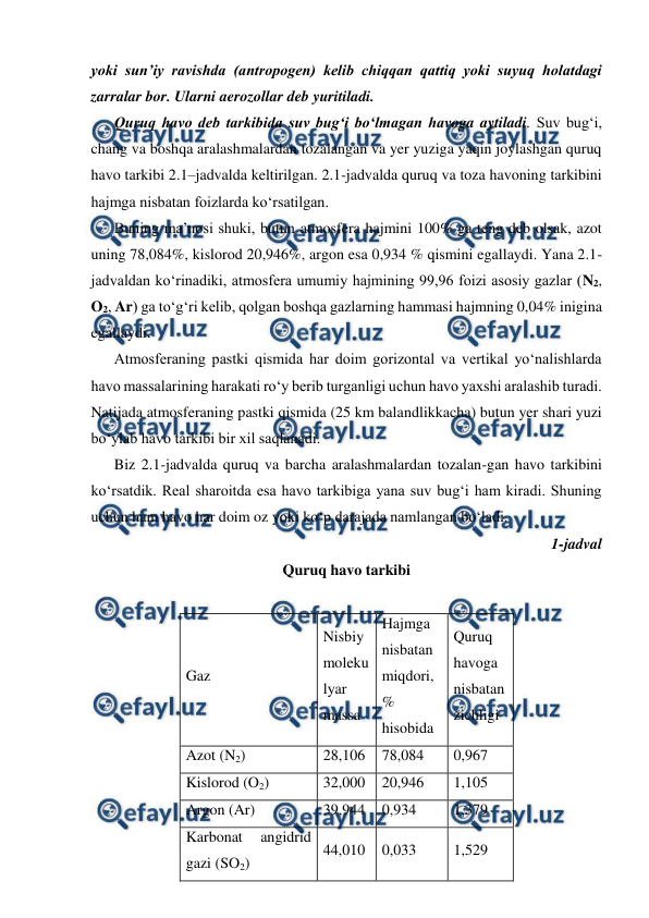  
 
yoki sun’iy ravishda (antropogen) kelib chiqqan qattiq yoki suyuq holatdagi 
zarralar bor. Ularni aerozollar deb yuritiladi.  
Quruq havo deb tarkibida suv bug‘i bo‘lmagan havoga aytiladi. Suv bug‘i, 
chang va boshqa aralashmalardan tozalangan va yer yuziga yaqin joylashgan quruq 
havo tarkibi 2.1–jadvalda keltirilgan. 2.1-jadvalda quruq va toza havoning tarkibini 
hajmga nisbatan foizlarda ko‘rsatilgan.  
Buning ma’nosi shuki, butun atmosfera hajmini 100% ga teng deb olsak, azot 
uning 78,084%, kislorod 20,946%, argon esa 0,934 % qismini egallaydi. Yana 2.1-
jadvaldan ko‘rinadiki, atmosfera umumiy hajmining 99,96 foizi asosiy gazlar (N2, 
O2, Ar) ga to‘g‘ri kelib, qolgan boshqa gazlarning hammasi hajmning 0,04% inigina 
egallaydi. 
Atmosferaning pastki qismida har doim gorizontal va vertikal yo‘nalishlarda 
havo massalarining harakati ro‘y berib turganligi uchun havo yaxshi aralashib turadi. 
Natijada atmosferaning pastki qismida (25 km balandlikkacha) butun yer shari yuzi 
bo‘ylab havo tarkibi bir xil saqlanadi. 
Biz 2.1-jadvalda quruq va barcha aralashmalardan tozalan-gan havo tarkibini 
ko‘rsatdik. Real sharoitda esa havo tarkibiga yana suv bug‘i ham kiradi. Shuning 
uchun ham havo har doim oz yoki ko‘p darajada namlangan bo‘ladi. 
1-jadval  
Quruq havo tarkibi 
 
Gaz 
Nisbiy 
moleku
lyar 
massa 
Hajmga 
nisbatan 
miqdori, 
% 
hisobida 
Quruq 
havoga 
nisbatan  
zichligi 
Azot (N2) 
28,106 
78,084 
0,967 
Kislorod (O2) 
32,000 
20,946 
1,105 
Argon (Ar) 
39,944 
0,934 
1,379 
Karbonat 
angidrid 
gazi (SO2) 
44,010 
0,033 
1,529 
