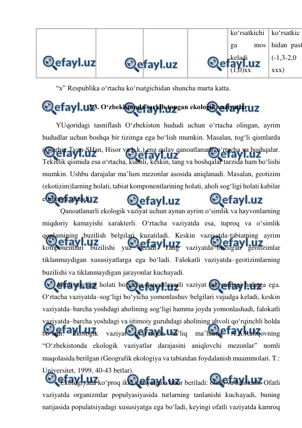  
 
ko‘rsatkichi
ga 
mos 
keladi 
(1,0)xx 
ko‘rsatkic
hidan past
(-1,3-2,0 
xxx) 
“x” Respublika o‘rtacha ko‘rsatgichidan shuncha marta katta. 
3.3. O‘zbekistonda tarkib topgan ekologik vaziyatlar 
YUqoridagi tasniflash O‘zbekiston hududi uchun o‘rtacha olingan, ayrim 
hududlar uchun boshqa bir tizimga ega bo‘lish mumkin. Masalan, tog‘li qismlarda 
(G‘arbiy Tyan-SHan, Hisor va h.k.) eng qulay qanoatlanarli, o‘rtacha va boshqalar. 
Tekislik qismida esa o‘rtacha, kuchli, keskin, tang va boshqalar tarzida ham bo‘lishi 
mumkin. Ushbu darajalar ma’lum mezonlar asosida aniqlanadi. Masalan, geotizim 
(ekotizim)larning holati, tabiat komponentlarining holati, aholi sog‘ligi holati kabilar 
e’tiborga olinadi.  
Qanoatlanarli ekologik vaziyat uchun aynan ayrim o‘simlik va hayvonlarning 
miqdoriy kamayishi xarakterli. O‘rtacha vaziyatda esa, tuproq va o‘simlik 
qoplamining buzilish belgilari kuzatiladi. Keskin vaziyatda-tabiatning ayrim 
komponentlari buzilishi yuz beradi. Tang vaziyatda–buzilgan geotizimlar 
tiklanmaydigan xususiyatlarga ega bo‘ladi. Falokatli vaziyatda–geotizimlarning 
buzilishi va tiklanmaydigan jarayonlar kuchayadi. 
Aholi sog‘ligi holati bo‘yicha qanoatlanarli vaziyat me’yordagi holatga ega. 
O‘rtacha vaziyatda–sog‘ligi bo‘yicha yomonlashuv belgilari vujudga keladi, keskin 
vaziyatda–barcha yoshdagi aholining sog‘ligi hamma joyda yomonlashadi, falokatli 
vaziyatda–barcha yoshdagi va ijtimoiy guruhdagi aholining ahvoli qo‘rqinchli holda 
bo‘ladi. 
Ekologik 
vaziyat 
to‘g‘risida 
to‘liq 
ma’lumot 
A.A.Rafiqovning 
“O‘zbekistonda ekologik vaziyatlar darajasini aniqlovchi mezonlar” nomli 
maqolasida berilgan (Geografik ekologiya va tabiatdan foydalanish muammolari. T.: 
Universitet, 1999, 40-43 betlar). 
Ekologiyada ko‘proq ikki vaziyatga e’tibor beriladi: ofatli va halokatli. Ofatli 
vaziyatda organizmlar populyasiyasida turlarning tanlanishi kuchayadi, buning 
natijasida populatsiyadagi xususiyatga ega bo‘ladi, keyingi ofatli vaziyatda kamroq 
