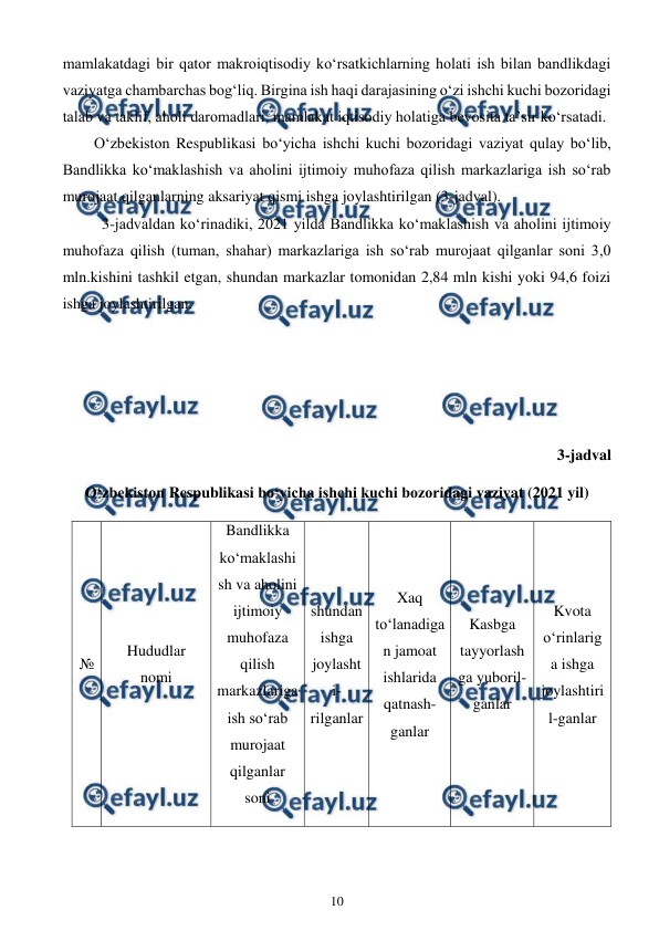  
10 
 
mamlakatdagi bir qator makroiqtisodiy ko‘rsatkichlarning holati ish bilan bandlikdagi 
vaziyatga chambarchas bog‘liq. Birgina ish haqi darajasining o‘zi ishchi kuchi bozoridagi 
talab va taklif, aholi daromadlari, mamlakat iqtisodiy holatiga bevosita ta’sir ko‘rsatadi. 
O‘zbekiston Respublikasi bo‘yicha ishchi kuchi bozoridagi vaziyat qulay bo‘lib, 
Bandlikka ko‘maklashish va aholini ijtimoiy muhofaza qilish markazlariga ish so‘rab 
murojaat qilganlarning aksariyat qismi ishga joylashtirilgan (3-jadval). 
3-jadvaldan ko‘rinadiki, 2021 yilda Bandlikka ko‘maklashish va aholini ijtimoiy 
muhofaza qilish (tuman, shahar) markazlariga ish so‘rab murojaat qilganlar soni 3,0 
mln.kishini tashkil etgan, shundan markazlar tomonidan 2,84 mln kishi yoki 94,6 foizi 
ishga joylashtirilgan.   
 
 
 
3-jadval 
O‘zbekiston Respublikasi bo‘yicha ishchi kuchi bozoridagi vaziyat (2021 yil) 
№ 
Hududlar  
nomi 
Bandlikka 
ko‘maklashi
sh va aholini 
ijtimoiy 
muhofaza 
qilish 
markazlariga 
ish so‘rab 
murojaat 
qilganlar 
soni  
shundan 
ishga 
joylasht
i-
rilganlar 
Xaq 
to‘lanadiga
n jamoat 
ishlarida 
qatnash-
ganlar 
Kasbga 
tayyorlash
ga yuboril-
ganlar 
Kvota 
o‘rinlarig
a ishga 
joylashtiri
l-ganlar 
