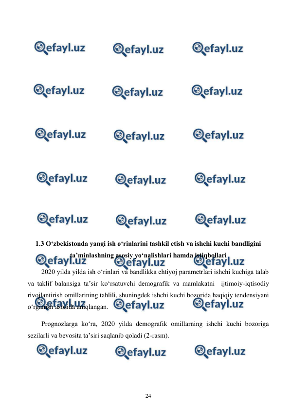  
24 
 
 
 
 
 
 
 
 
 
 
 
 
 
 
1.3 O‘zbekistonda yangi ish o‘rinlarini tashkil etish va ishchi kuchi bandligini 
ta’minlashning asosiy yo‘nalishlari hamda istiqbollari 
2020 yilda yilda ish o‘rinlari va bandlikka ehtiyoj parametrlari ishchi kuchiga talab 
va taklif balansiga ta’sir ko‘rsatuvchi demografik va mamlakatni  ijtimoiy-iqtisodiy 
rivojlantirish omillarining tahlili, shuningdek ishchi kuchi bozorida haqiqiy tendensiyani 
o‘rganish asosida aniqlangan.  
Prognozlarga ko‘ra, 2020 yilda demografik omillarning ishchi kuchi bozoriga 
sezilarli va bevosita ta’siri saqlanib qoladi (2-rasm).  
