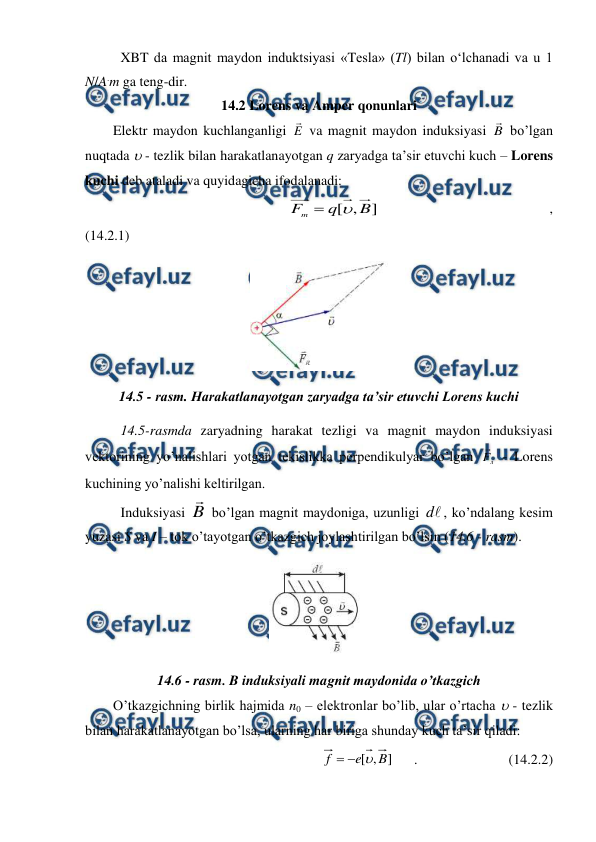  
 
 
XBT da magnit maydon induktsiyasi «Tesla» (Tl) bilan o‘lchanadi va u 1 
N/A.m ga teng-dir. 
14.2 Lorens va Amper qonunlari 
        Elektr maydon kuchlanganligi E
 va magnit maydon induksiyasi B
 bo’lgan 
nuqtada  - tezlik bilan harakatlanayotgan q zaryadga ta’sir etuvchi kuch – Lorens 
kuchi deb ataladi va quyidagicha ifodalanadi: 
                                                          
]
,
[
B
q
Fm


 
,             
(14.2.1) 
 
14.5 - rasm. Harakatlanayotgan zaryadga ta’sir etuvchi Lorens kuchi 
14.5-rasmda zaryadning harakat tezligi va magnit maydon induksiyasi 
vektorining yo’nalishlari yotgan tekislikka perpendikulyar bo’lgan 
л
F
 - Lorens 
kuchining yo’nalishi keltirilgan. 
Induksiyasi B

 bo’lgan magnit maydoniga, uzunligi 
d , ko’ndalang kesim 
yuzasi S va I – tok o’tayotgan o’tkazgich joylashtirilgan bo’lsin (14.6 - rasm). 
 
14.6 - rasm. B induksiyali magnit maydonida o’tkazgich 
        O’tkazgichning birlik hajmida n0 – elektronlar bo’lib, ular o’rtacha  - tezlik 
bilan harakatlanayotgan bo’lsa, ularning har biriga shunday kuch ta’sir qiladi: 
]
,
[
B
e
f



      .                          (14.2.2) 
