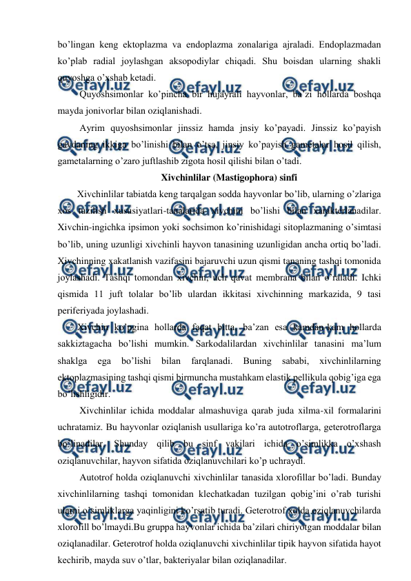  
 
bo’lingan keng ektoplazma va endoplazma zonalariga ajraladi. Endoplazmadan 
ko’plab radial joylashgan aksopodiylar chiqadi. Shu boisdan ularning shakli 
quyoshga o’xshab ketadi. 
 Quyoshsimonlar ko’pincha bir hujayrali hayvonlar, ba’zi hollarda boshqa 
mayda jonivorlar bilan oziqlanishadi.  
 Ayrim quyoshsimonlar jinssiz hamda jnsiy ko’payadi. Jinssiz ko’payish 
gavdaning ikkiga bo’linishi bilan o’tsa, jinsiy ko’payish gametalar hosil qilish, 
gametalarning o’zaro juftlashib zigota hosil qilishi bilan o’tadi. 
Xivchinlilar (Mastigophora) sinfi 
Xivchinlilar tabiatda keng tarqalgan sodda hayvonlar bo’lib, ularning o’zlariga 
xos tuzilish xususiyatlari-tanalarida xivchini bo’lishi bilan xarakterlanadilar. 
Xivchin-ingichka ipsimon yoki sochsimon ko’rinishidagi sitoplazmaning o’simtasi 
bo’lib, uning uzunligi xivchinli hayvon tanasining uzunligidan ancha ortiq bo’ladi. 
Xivchinning xakatlanish vazifasini bajaruvchi uzun qismi tananing tashqi tomonida 
joylashadi. Tashqi tomondan xivchin, uch qavat membrana bilan o’raladi. Ichki 
qismida 11 juft tolalar bo’lib ulardan ikkitasi xivchinning markazida, 9 tasi 
periferiyada joylashadi.  
Xivchin ko’pgina hollarda faqat bitta, ba’zan esa kamdan-kam hollarda 
sakkiztagacha bo’lishi mumkin. Sarkodalilardan xivchinlilar tanasini ma’lum 
shaklga 
ega 
bo’lishi 
bilan 
farqlanadi. 
Buning 
sababi, 
xivchinlilarning 
ektoplazmasining tashqi qismi birmuncha mustahkam elastik pellikula qobig’iga ega 
bo’lishligidir. 
 Xivchinlilar ichida moddalar almashuviga qarab juda xilma-xil formalarini 
uchratamiz. Bu hayvonlar oziqlanish usullariga ko’ra autotroflarga, geterotroflarga 
bo’linadilar. Shunday qilib bu sinf vakilari ichida o’simlikka o’xshash 
oziqlanuvchilar, hayvon sifatida oziqlanuvchilari ko’p uchraydi.  
 Autotrof holda oziqlanuvchi xivchinlilar tanasida xlorofillar bo’ladi. Bunday 
xivchinlilarning tashqi tomonidan klechatkadan tuzilgan qobig’ini o’rab turishi 
ularni o’simliklarga yaqinligini ko’rsatib turadi. Geterotrof xolda oziqlanuvchilarda 
xlorofill bo’lmaydi.Bu gruppa hayvonlar ichida ba’zilari chiriyotgan moddalar bilan 
oziqlanadilar. Geterotrof holda oziqlanuvchi xivchinlilar tipik hayvon sifatida hayot 
kechirib, mayda suv o’tlar, bakteriyalar bilan oziqlanadilar.  

