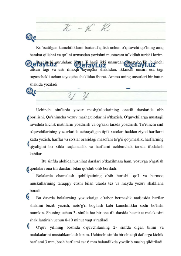  
 
 
Ko’rsatilgan kamchiliklarni bartaraf qilish uchun o’qituvchi qo’lning aniq 
harakat qilishni va qo’lni uzmasdan yozishni muntazam ta’kidlab turishi lozim. 
Beshinchi guruhdan: Katta Y harfi ikki unsurdan iborat bo’lib, birinchi 
unsuri tagi va usti ilmoqli tayoqcha shaklidan, ikkinchi unsuri esa tagi 
tugunchakli uchun tayoqcha shaklidan iborat. Ammo uning unsurlari bir butun 
shaklda yoziladi: 
 
Uchinchi sinflarda yozuv mashg'ulotlarining onatili darslarida olib 
borilishi. Qo'shimcha yozuv mashg'ulotlarini o'tkazish. O'quvchilarga mustaqil 
ravishda kichik matnlarni yozdirish va og'zaki tarzda yozdirish. To'rtinchi sinf 
o'quvchilarining yozuvlarida uchraydigan tipik xatolar: haddan ziyod harflarni 
katta yozish, harflar va so'zlar orasidagi masofani to'g'ri qo'ymaslik, harflarning 
qiyaligini bir xilda saqlamaslik va harflarni uchburchak tarzda ifodalash 
kabilar. 
     Bu sinfda alohida husnihat darslari o'tkazilmasa ham, yozuvga o'rgatish 
qoidalari ona tili darslari bilan qo'shib olib boriladi. 
Bolalarda chamalash qobiliyatining o'sib borishi, qo'l va barmoq 
muskullarining taraqqiy etishi bilan ularda tez va mayda yozuv shakllana 
boradi. 
Bu davrda bolalarning yozuvlariga e"tabor bermaslik natijasida harflar 
shaklini buzib yozish, noto'g'ri bog'lash kabi kamchiliklar sodir bo'lishi 
mumkin. Shuning uchun 3- sinfda har bir ona tili darsida husnixat malakasini 
shakllantirish uchun 8-10 minut vaqt ajratiladi. 
O'quv yilining boshida o'quvchilarning 2- sinfda olgan bilim va 
malakalarini mustahkamlash lozim. Uchinchi sinfda bir chiziqli daftarga kichik 
harflami 3 mm, bosh harflami esa 6 mm balandlikda yozdirib mashq qildiriladi. 
