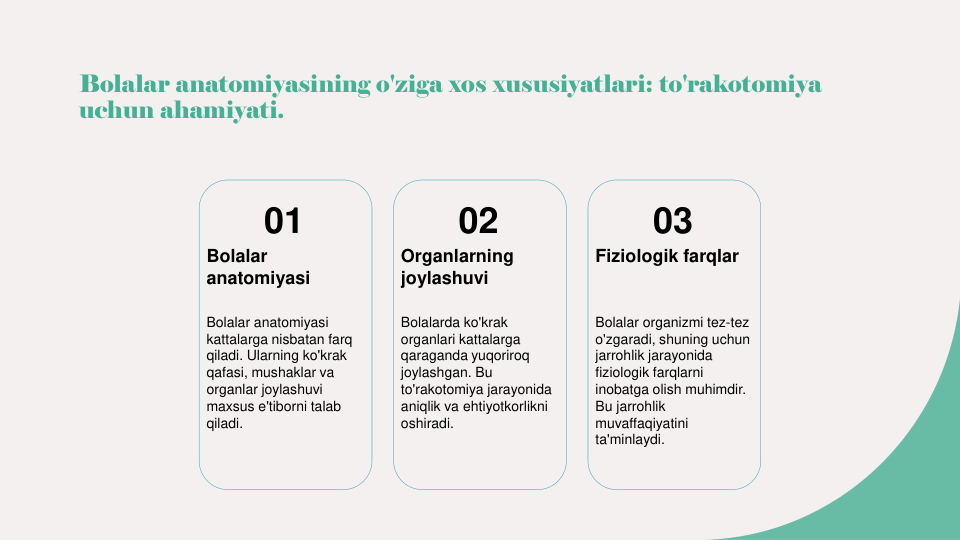 Bolalar anatomiyasining o'ziga xos xususiyatlari: to'rakotomiya 
uchun ahamiyati.
01
Bolalar 
anatomiyasi
Bolalar anatomiyasi 
kattalarga nisbatan farq 
qiladi. Ularning ko'krak 
qafasi, mushaklar va 
organlar joylashuvi 
maxsus e'tiborni talab 
qiladi.
02
Organlarning 
joylashuvi
Bolalarda ko'krak 
organlari kattalarga 
qaraganda yuqoriroq 
joylashgan. Bu 
to'rakotomiya jarayonida 
aniqlik va ehtiyotkorlikni 
oshiradi.
03
Fiziologik farqlar
Bolalar organizmi tez-tez 
o'zgaradi, shuning uchun 
jarrohlik jarayonida 
fiziologik farqlarni 
inobatga olish muhimdir. 
Bu jarrohlik 
muvaffaqiyatini 
ta'minlaydi.

