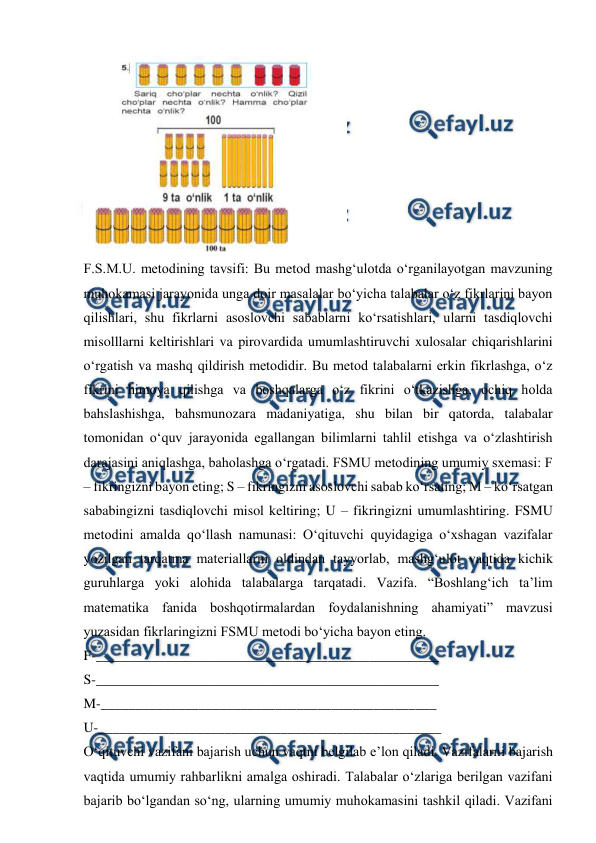  
 
 
F.S.M.U. metodining tavsifi: Bu metod mashg‘ulotda o‘rganilayotgan mavzuning 
muhokamasi jarayonida unga doir masalalar bo‘yicha talabalar o‘z fikrlarini bayon 
qilishlari, shu fikrlarni asoslovchi sabablarni ko‘rsatishlari, ularni tasdiqlovchi 
misolllarni keltirishlari va pirovardida umumlashtiruvchi xulosalar chiqarishlarini 
o‘rgatish va mashq qildirish metodidir. Bu metod talabalarni erkin fikrlashga, o‘z 
fikrini himoya qilishga va boshqalarga o‘z fikrini o‘tkazishga, ochiq holda 
bahslashishga, bahsmunozara madaniyatiga, shu bilan bir qatorda, talabalar 
tomonidan o‘quv jarayonida egallangan bilimlarni tahlil etishga va o‘zlashtirish 
darajasini aniqlashga, baholashga o‘rgatadi. FSMU metodining umumiy sxemasi: F 
– fikringizni bayon eting; S – fikringizni asoslovchi sabab ko‘rsating; M – ko‘rsatgan 
sababingizni tasdiqlovchi misol keltiring; U – fikringizni umumlashtiring. FSMU 
metodini amalda qo‘llash namunasi: O‘qituvchi quyidagiga o‘xshagan vazifalar 
yozilgan tarqatma materiallarni oldindan tayyorlab, mashg‘ulot vaqtida kichik 
guruhlarga yoki alohida talabalarga tarqatadi. Vazifa. “Boshlang‘ich ta’lim 
matematika fanida boshqotirmalardan foydalanishning ahamiyati” mavzusi 
yuzasidan fikrlaringizni FSMU metodi bo‘yicha bayon eting.  
F-_________________________________________________  
S-_________________________________________________  
M-________________________________________________  
U-_________________________________________________  
O‘qituvchi vazifani bajarish uchun vaqtni belgilab e’lon qiladi. Vazifalarni bajarish 
vaqtida umumiy rahbarlikni amalga oshiradi. Talabalar o‘zlariga berilgan vazifani 
bajarib bo‘lgandan so‘ng, ularning umumiy muhokamasini tashkil qiladi. Vazifani 
