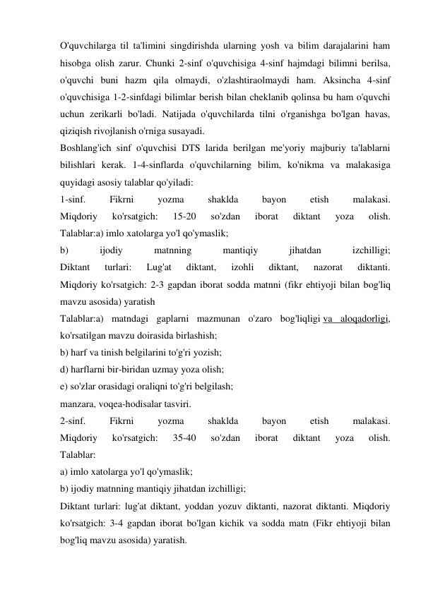 O'quvchilarga til ta'limini singdirishda ularning yosh va bilim darajalarini ham 
hisobga olish zarur. Chunki 2-sinf o'quvchisiga 4-sinf hajmdagi bilimni berilsa, 
o'quvchi buni hazm qila olmaydi, o'zlashtiraolmaydi ham. Aksincha 4-sinf 
o'quvchisiga 1-2-sinfdagi bilimlar berish bilan cheklanib qolinsa bu ham o'quvchi 
uchun zerikarli bo'ladi. Natijada o'quvchilarda tilni o'rganishga bo'lgan havas, 
qiziqish rivojlanish o'rniga susayadi. 
Boshlang'ich sinf o'quvchisi DTS larida berilgan me'yoriy majburiy ta'lablarni 
bilishlari kerak. 1-4-sinflarda o'quvchilarning bilim, ko'nikma va malakasiga 
quyidagi asosiy talablar qo'yiladi: 
1-sinf. 
Fikrni 
yozma 
shaklda 
bayon 
etish 
malakasi. 
Miqdoriy 
ko'rsatgich: 
15-20 
so'zdan 
iborat 
diktant 
yoza 
olish. 
Talablar:a) imlo xatolarga yo'l qo'ymaslik; 
b) 
ijodiy 
matnning 
mantiqiy 
jihatdan 
izchilligi; 
Diktant 
turlari: 
Lug'at 
diktant, 
izohli 
diktant, 
nazorat 
diktanti. 
Miqdoriy ko'rsatgich: 2-3 gapdan iborat sodda matnni (fikr ehtiyoji bilan bog'liq 
mavzu asosida) yaratish 
Talablar:a) matndagi gaplarni mazmunan o'zaro bog'liqligi va aloqadorligi, 
ko'rsatilgan mavzu doirasida birlashish; 
b) harf va tinish belgilarini to'g'ri yozish; 
d) harflarni bir-biridan uzmay yoza olish; 
e) so'zlar orasidagi oraliqni to'g'ri belgilash; 
manzara, voqea-hodisalar tasviri. 
2-sinf. 
Fikrni 
yozma 
shaklda 
bayon 
etish 
malakasi. 
Miqdoriy 
ko'rsatgich: 
35-40 
so'zdan 
iborat 
diktant 
yoza 
olish. 
Talablar: 
a) imlo xatolarga yo'l qo'ymaslik; 
b) ijodiy matnning mantiqiy jihatdan izchilligi; 
Diktant turlari: lug'at diktant, yoddan yozuv diktanti, nazorat diktanti. Miqdoriy 
ko'rsatgich: 3-4 gapdan iborat bo'lgan kichik va sodda matn (Fikr ehtiyoji bilan 
bog'liq mavzu asosida) yaratish. 
