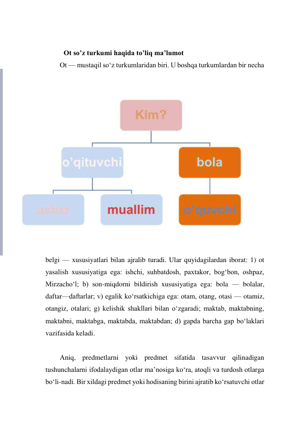  
Ot so’z turkumi haqida to’liq ma’lumot 
Ot — mustaqil soʻz turkumlaridan biri. U boshqa turkumlardan bir necha 
belgi — xususiyatlari bilan ajralib turadi. Ular quyidagilardan iborat: 1) ot 
yasalish xususiyatiga ega: ishchi, suhbatdosh, paxtakor, bogʻbon, oshpaz, 
Mirzachoʻl; b) son-miqdorni bildirish xususiyatiga ega: bola — bolalar, 
daftar—daftarlar; v) egalik koʻrsatkichiga ega: otam, otang, otasi — otamiz, 
otangiz, otalari; g) kelishik shakllari bilan oʻzgaradi; maktab, maktabning, 
maktabni, maktabga, maktabda, maktabdan; d) gapda barcha gap boʻlaklari 
vazifasida keladi. 
 
Aniq, predmetlarni yoki predmet sifatida tasavvur qilinadigan 
tushunchalarni ifodalaydigan otlar maʼnosiga koʻra, atoqli va turdosh otlarga 
boʻli-nadi. Bir xildagi predmet yoki hodisaning birini ajratib koʻrsatuvchi otlar 
