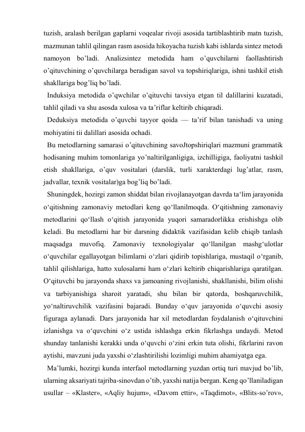  
 
tuzish, aralash berilgan gaplarni voqealar rivoji asosida tartiblashtirib matn tuzish, 
mazmunan tahlil qilingan rasm asosida hikoyacha tuzish kabi ishlarda sintez metodi 
namoyon bo’ladi. Analizsintez metodida ham o’quvchilarni faollashtirish 
o’qituvchining o’quvchilarga beradigan savol va topshiriqlariga, ishni tashkil etish 
shakllariga bog’liq bo’ladi. 
  Induksiya metodida o’qwchilar o’qituvchi tavsiya etgan til dalillarini kuzatadi, 
tahlil qiladi va shu asosda xulosa va ta’riflar keltirib chiqaradi. 
  Deduksiya metodida o’quvchi tayyor qoida — ta’rif bilan tanishadi va uning 
mohiyatini tii dalillari asosida ochadi. 
  Bu metodlarning samarasi o’qituvchining savoJtopshiriqlari mazmuni grammatik 
hodisaning muhim tomonlariga yo’naltirilganligiga, izchilligiga, faoliyatni tashkil 
etish shakllariga, o’quv vositalari (darslik, turli xarakterdagi lug’atlar, rasm, 
jadvallar, texnik vositalar)ga bog’liq bo’ladi.  
  Shuningdek, hozirgi zamon shiddat bilan rivojlanayotgan davrda ta‘lim jarayonida 
o‘qitishning zamonaviy metodlari keng qo‘llanilmoqda. O‘qitishning zamonaviy 
metodlarini qo‘llash o‘qitish jarayonida yuqori samaradorlikka erishishga olib 
keladi. Bu metodlarni har bir darsning didaktik vazifasidan kelib chiqib tanlash 
maqsadga muvofiq. Zamonaviy texnologiyalar qo‘llanilgan mashg‘ulotlar 
o‘quvchilar egallayotgan bilimlarni o‘zlari qidirib topishlariga, mustaqil o‘rganib, 
tahlil qilishlariga, hatto xulosalarni ham o‘zlari keltirib chiqarishlariga qaratilgan. 
O‘qituvchi bu jarayonda shaxs va jamoaning rivojlanishi, shakllanishi, bilim olishi 
va tarbiyanishiga sharoit yaratadi, shu bilan bir qatorda, boshqaruvchilik, 
yo‘naltiruvchilik vazifasini bajaradi. Bunday o‘quv jarayonida o‘quvchi asosiy 
figuraga aylanadi. Dars jarayonida har xil metodlardan foydalanish o‘qituvchini 
izlanishga va o‘quvchini o‘z ustida ishlashga erkin fikrlashga undaydi. Metod 
shunday tanlanishi kerakki unda o‘quvchi o‘zini erkin tuta olishi, fikrlarini ravon 
aytishi, mavzuni juda yaxshi o‘zlashtirilishi lozimligi muhim ahamiyatga ega.    
  Ma’lumki, hozirgi kunda interfaol metodlarning yuzdan ortiq turi mavjud bo’lib, 
ularning aksariyati tajriba-sinovdan o’tib, yaxshi natija bergan. Keng qo’llaniladigan 
usullar – «Klaster», «Aqliy hujum», «Davom ettir», «Taqdimot», «Blits-so’rov», 
