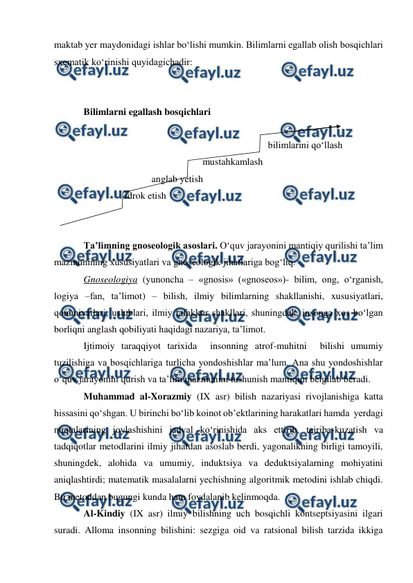  
 
 
maktab yer maydonidagi ishlar bo‘lishi mumkin. Bilimlarni egallab olish bosqichlari 
sxematik ko‘rinishi quyidagichadir: 
 
 
Bilimlarni egallash bosqichlari 
 
                                                                            bilimlarini qo‘llash 
                                                 mustahkamlash 
                            anglab yetish 
                 idrok etish 
 
 
Ta’limning gnoseologik asoslari. O‘quv jarayonini mantiqiy qurilishi ta’lim 
mazmunining xususiyatlari va gnoseologik jihatlariga bog‘liq. 
Gnoseologiya (yunoncha – «gnosis» («gnoseos»)- bilim, ong, o‘rganish, 
logiya –fan, ta’limot) – bilish, ilmiy bilimlarning shakllanishi, xususiyatlari, 
qonuniyatlari, uslublari, ilmiy tafakkur shakllari, shuningdek, insonga xos bo‘lgan 
borliqni anglash qobiliyati haqidagi nazariya, ta’limot. 
Ijtimoiy taraqqiyot tarixida  insonning atrof-muhitni  bilishi umumiy  
tuzilishiga va bosqichlariga turlicha yondoshishlar ma’lum. Ana shu yondoshishlar 
o‘quv jarayonini qurish va ta’lim mazmunini tushunish mantiqini belgilab beradi.  
Muhammad al-Xorazmiy (IX asr) bilish nazariyasi rivojlanishiga katta 
hissasini qo‘shgan. U birinchi bo‘lib koinot ob’ektlarining harakatlari hamda  yerdagi 
nuqtalarining joylashishini jadval ko‘rinishida aks ettirib, tajriba-kuzatish va 
tadqiqotlar metodlarini ilmiy jihatdan asoslab berdi, yagonalikning birligi tamoyili, 
shuningdek, alohida va umumiy, induktsiya va deduktsiyalarning mohiyatini 
aniqlashtirdi; matematik masalalarni yechishning algoritmik metodini ishlab chiqdi. 
Bu metoddan bugungi kunda ham foydalanib kelinmoqda. 
Al-Kindiy (IX asr) ilmiy bilishning uch bosqichli kontseptsiyasini ilgari 
suradi. Alloma insonning bilishini: sezgiga oid va ratsional bilish tarzida ikkiga 
