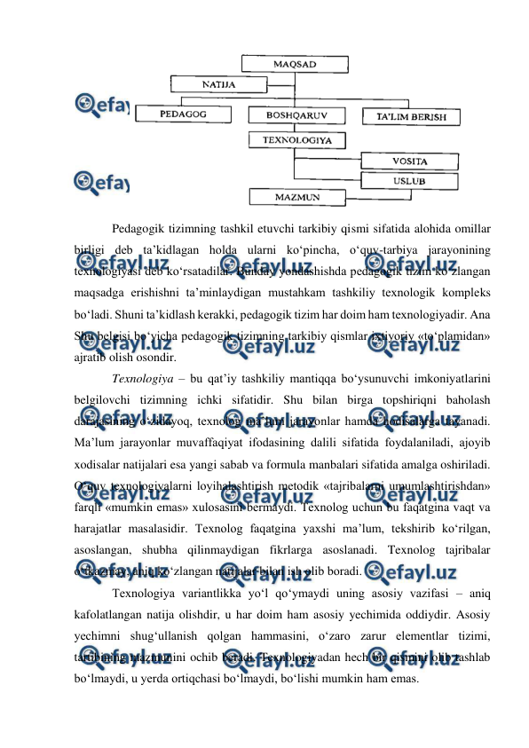  
 
 
 
 
 
 
 
 
 
 
Pedagogik tizimning tashkil etuvchi tarkibiy qismi sifatida alohida omillar 
birligi deb ta’kidlagan holda ularni ko‘pincha, o‘quv-tarbiya jarayonining 
texnologiyasi deb ko‘rsatadilar. Bunday yondashishda pedagogik tizim ko‘zlangan 
maqsadga erishishni ta’minlaydigan mustahkam tashkiliy texnologik kompleks 
bo‘ladi. Shuni ta’kidlash kerakki, pedagogik tizim har doim ham texnologiyadir. Ana 
Shu belgisi bo‘yicha pedagogik tizimning tarkibiy qismlar ixtiyoriy «to‘plamidan» 
ajratib olish osondir.  
Texnologiya – bu qat’iy tashkiliy mantiqqa bo‘ysunuvchi imkoniyatlarini 
belgilovchi tizimning ichki sifatidir. Shu bilan birga topshiriqni baholash 
darajasining o‘zidayoq, texnolog ma’lum jarayonlar hamda hodisalarga tayanadi. 
Ma’lum jarayonlar muvaffaqiyat ifodasining dalili sifatida foydalaniladi, ajoyib 
xodisalar natijalari esa yangi sabab va formula manbalari sifatida amalga oshiriladi. 
O‘quv texnologiyalarni loyihalashtirish metodik «tajribalarni umumlashtirishdan» 
farqli «mumkin emas» xulosasini bermaydi. Texnolog uchun bu faqatgina vaqt va 
harajatlar masalasidir. Texnolog faqatgina yaxshi ma’lum, tekshirib ko‘rilgan, 
asoslangan, shubha qilinmaydigan fikrlarga asoslanadi. Texnolog tajribalar 
o‘tkazmay, aniq ko‘zlangan natijalar bilan ish olib boradi.  
Texnologiya variantlikka yo‘l qo‘ymaydi uning asosiy vazifasi – aniq 
kafolatlangan natija olishdir, u har doim ham asosiy yechimida oddiydir. Asosiy 
yechimni shug‘ullanish qolgan hammasini, o‘zaro zarur elementlar tizimi, 
tartibining mazmunini ochib beradi. Texnologiyadan hech bir qismini olib tashlab 
bo‘lmaydi, u yerda ortiqchasi bo‘lmaydi, bo‘lishi mumkin ham emas.  
