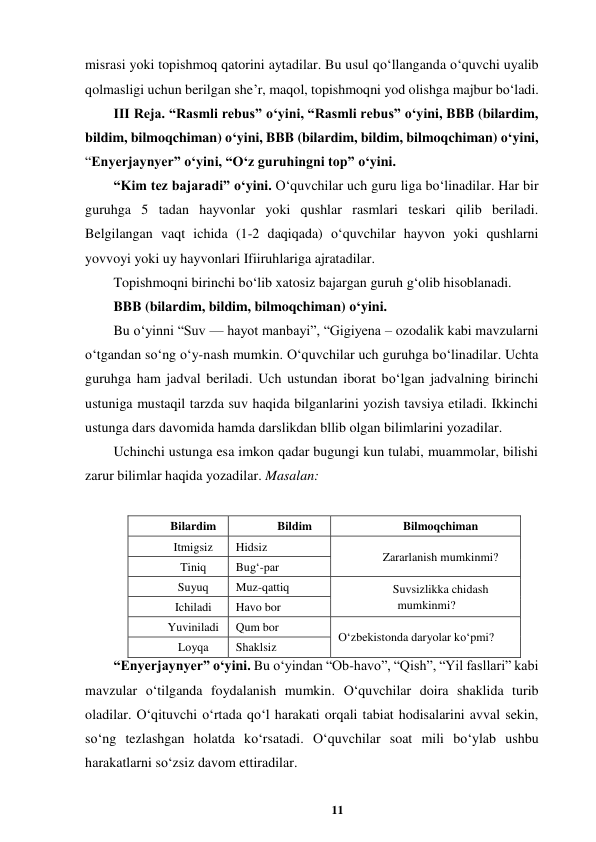 11 
 
misrasi yoki topishmoq qatorini aytadilar. Bu usul qo‘llanganda o‘quvchi uyalib 
qolmasligi uchun berilgan she’r, maqol, topishmoqni yod olishga majbur bo‘ladi.  
III Reja. “Rasmli rebus” o‘yini, “Rasmli rebus” o‘yini, BBB (bilardim, 
bildim, bilmoqchiman) o‘yini, BBB (bilardim, bildim, bilmoqchiman) o‘yini, 
“Enyerjaynyer” o‘yini, “O‘z guruhingni top” o‘yini.  
“Kim tez bajaradi” o‘yini. O‘quvchilar uch guru liga bo‘linadilar. Har bir 
guruhga 5 tadan hayvonlar yoki qushlar rasmlari teskari qilib beriladi. 
Belgilangan vaqt ichida (1-2 daqiqada) o‘quvchilar hayvon yoki qushlarni 
yovvoyi yoki uy hayvonlari Ifiiruhlariga ajratadilar.  
Topishmoqni birinchi bo‘lib xatosiz bajargan guruh g‘olib hisoblanadi.  
BBB (bilardim, bildim, bilmoqchiman) o‘yini.  
Bu o‘yinni “Suv — hayot manbayi”, “Gigiyena – ozodalik kabi mavzularni 
o‘tgandan so‘ng o‘y-nash mumkin. O‘quvchilar uch guruhga bo‘linadilar. Uchta 
guruhga ham jadval beriladi. Uch ustundan iborat bo‘lgan jadvalning birinchi 
ustuniga mustaqil tarzda suv haqida bilganlarini yozish tavsiya etiladi. Ikkinchi 
ustunga dars davomida hamda darslikdan bllib olgan bilimlarini yozadilar.  
Uchinchi ustunga esa imkon qadar bugungi kun tulabi, muammolar, bilishi 
zarur bilimlar haqida yozadilar. Masalan:  
 
Bilardim 
Bildim 
Bilmoqchiman 
Itmigsiz 
Hidsiz 
Zararlanish mumkinmi? 
Tiniq 
Bug‘-par 
Suyuq 
Muz-qattiq 
Suvsizlikka chidash 
mumkinmi? 
Ichiladi 
Havo bor 
Yuviniladi 
Qum bor 
O‘zbekistonda daryolar ko‘pmi? 
Loyqa 
Shaklsiz 
“Enyerjaynyer” o‘yini. Bu o‘yindan “Ob-havo”, “Qish”, “Yil fasllari” kabi 
mavzular o‘tilganda foydalanish mumkin. O‘quvchilar doira shaklida turib 
oladilar. O‘qituvchi o‘rtada qo‘l harakati orqali tabiat hodisalarini avval sekin, 
so‘ng tezlashgan holatda ko‘rsatadi. O‘quvchilar soat mili bo‘ylab ushbu 
harakatlarni so‘zsiz davom ettiradilar.  
