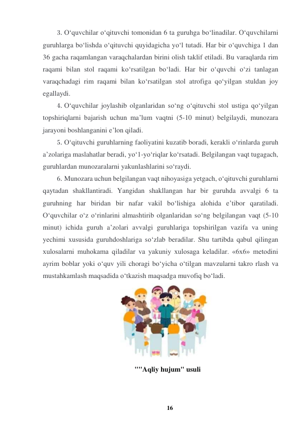 16 
 
3. O‘quvchilar o‘qituvchi tomonidan 6 ta guruhga bo‘linadilar. O‘quvchilarni 
guruhlarga bo‘lishda o‘qituvchi quyidagicha yo‘l tutadi. Har bir o‘quvchiga 1 dan 
36 gacha raqamlangan varaqchalardan birini olish taklif etiladi. Bu varaqlarda rim 
raqami bilan stol raqami ko‘rsatilgan bo‘ladi. Har bir o‘quvchi o‘zi tanlagan 
varaqchadagi rim raqami bilan ko‘rsatilgan stol atrofiga qo‘yilgan stuldan joy 
egallaydi.  
4. O‘quvchilar joylashib olganlaridan so‘ng o‘qituvchi stol ustiga qo‘yilgan 
topshiriqlarni bajarish uchun ma’lum vaqtni (5-10 minut) belgilaydi, munozara 
jarayoni boshlanganini e’lon qiladi.  
5. O‘qituvchi guruhlarning faoliyatini kuzatib boradi, kerakli o‘rinlarda guruh 
a’zolariga maslahatlar beradi, yo‘1-yo‘riqlar ko‘rsatadi. Belgilangan vaqt tugagach, 
guruhlardan munozaralarni yakunlashlarini so‘raydi.  
6. Munozara uchun belgilangan vaqt nihoyasiga yetgach, o‘qituvchi guruhlarni 
qaytadan shakllantiradi. Yangidan shakllangan har bir guruhda avvalgi 6 ta 
guruhning har biridan bir nafar vakil bo‘lishiga alohida e’tibor qaratiladi. 
O‘quvchilar o‘z o‘rinlarini almashtirib olganlaridan so‘ng belgilangan vaqt (5-10 
minut) ichida guruh a’zolari avvalgi guruhlariga topshirilgan vazifa va uning 
yechimi xususida guruhdoshlariga so‘zlab beradilar. Shu tartibda qabul qilingan 
xulosalarni muhokama qiladilar va yakuniy xulosaga keladilar. «6x6» metodini 
ayrim boblar yoki o‘quv yili choragi bo‘yicha o‘tilgan mavzularni takro rlash va 
mustahkamlash maqsadida o‘tkazish maqsadga muvofiq bo‘ladi.  
  
""Aqliy hujum" usuli 
