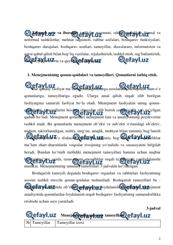  
2 
 
 
 
Tayanch so‘z va iboralar: tashkilot mazmuni, oddiy, murakkab, formal va 
noformal tashkilotlar, mehnat taqsimoti, rahbar azifalari, boshqaruv funksiyalari, 
boshqaruv darajalari, boshqaruv usullari, tamoyillar, shaxslararo, informatsion va 
qaror qabul qilish bilan bog‘liq vazifalar, rejalashtirish, tashkil etish, rag‘batlantirish, 
nazorat, yuqori, o‘rta va quyi bug‘in rahbarlari. 
 
1. Menejmentning qonun-qoidalari va tamoyillari. Qonunlarni tatbiq etish. 
 
Har qanday faoliyat ma’lum qonun-qoidalarga asoslanadi. Menejment ham o‘z 
qonunlariga, tamoyillariga egadir. Ularga amal qilish orqali olib borilgan 
faoliyatgina samarali faoliyat bo‘la oladi. Menejment faoliyatini uning qonun-
qoidalarini, tamoyillarini hisobga olmasdan olib borish samarasizlik sari qo‘yilgan 
qadam bo‘ladi. Menejment qonunlari menejment fani va amaliyotining poydevorini 
tashkil etadi. Bu qonunlarda menejment ob’ekti va sub’ekti o‘rtasidagi ob’ektiv, 
muhim, takrorlanadigan, nisbiy, turg‘un, aniqlik, mohiyat bilan umumiy bog‘lanish 
va aloqadorliklar o‘z ifodasini topadi. Bu umumiy bog‘lanish va aloqadorliklar 
ma’lum shart-sharoitlarda voqealar rivojining yo‘nalishi va xususiyatini belgilab 
beradi. Bundan ko‘rinib turibdiki menejment tamoyillari hamma uchun majbur 
bo‘lgan me’yor, qoida, rasm-rusum, moyilliklar orqali ta’riflanishi va ifodalanishi 
mumkin. Menejmentning umumiy tamoyillari 3-jadvalda ko‘rsatilgan.   
Boshqarish tamoyili deganda boshqaruv organlari va rahbarlari faoliyatining 
asosini tashkil etuvchi qonun-qoidalar tushuniladi. Boshqarish tamoyillari bu - 
boshqaruv amaliyotida ob’ektiv qonunlardan foydalanish shakllaridir. Menejment 
amaliyotida qonunlardan foydalanish orqali boshqaruv faoliyatining samaradorlikka 
erishishi uchun asos yaratiladi.  
3-jadval 
Menejmentning umumiy tamoyillari 
№ Tamoyillar 
Tamoyillar izoxi 
