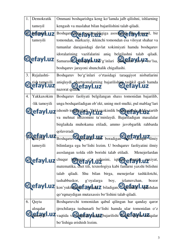  
3 
 
1.  Demokratik 
tamoyil 
Ommani boshqarishga keng ko‘lamda jalb qilishni, ishlarning 
kengash va maslahat bilan bajarilishini talab qiladi.  
2.  Ierarxiya 
tamoyili 
Boshqaruvning pog‘onaliligiga asoslanadi. Bu tamoyil, bir 
tomondan, markaziy, ikkinchi tomondan esa viloyat shahar va 
tumanlar darajasidagi davlat xokimiyati hamda boshqaruv 
idoralarining vazifalarini aniq belgilashni talab qiladi. 
Samarasiz boshqaruv bo‘g‘inlari qanchalik ko‘p bo‘lsa, 
boshqaruv jarayoni shunchalik chigallashi.  
3.  Rejalashti-
rish tamoyili 
Boshqaruv bo‘g‘inlari o‘rtasidagi taraqqiyot nisbatlarini 
aniqlaydi, shartnomalarning bajarilishini tashkil etadi hamda 
nazorat qiladi.  
4.  Yakkaxokim
-lik tamoyili 
Boshqaruv faoliyati belgilangan shaxs tomonidan bajarilib, 
unga boshqariladigan ob’ekt, uning mol-mulki, pul mablag‘lari 
ishonib topshiriladi. Yakkaxokimlik boshqarishda jiddiy tartib 
va mehnat intizomini ta’minlaydi. Bajariladigan masalalar 
birglaikda muhokama etiladi, ammo javobgarlik rahbarda 
qolaveradi.   
5.  Ilmiylik 
tamoyili 
Boshqaruv faoliyatini olib boradigan shaxs chuqur ilmiy 
bilimlarga ega bo‘lishi lozim. U boshqaruv faoliyatini ilmiy 
asoslangan xolda olib borishi talab etiladi.   Menejerlardan 
chuqur bilimni, o‘z sohasini, iqtisod, mantiq, ruxiyat, 
matematika, chet tili, texnologiya kabi fanlarni yaxshi bilishni 
talab qiladi. Shu bilan birga, menejerlar tashkilotchi, 
tashabbuskor, 
g‘oyalarga 
boy, 
izlanuvchan, 
bozor 
kon’yukturasini 
yaxshi 
biladigan, 
tavakkal 
qilishdan 
qo‘rqmaydigan mutaxassis bo‘lishini talab qiladi. 
6.  Qayta 
aloqalar 
tamoyili 
Boshqaruvchi tomonidan qabul qilingan har qanday qaror 
ijrochilarga tushunarli bo‘lishi hamda ular tomonidan o‘z 
vaqtida va samarali tarzda bajarilishi lozim. Qaytar aloqalar 
bo‘lishiga erishish lozim.    
