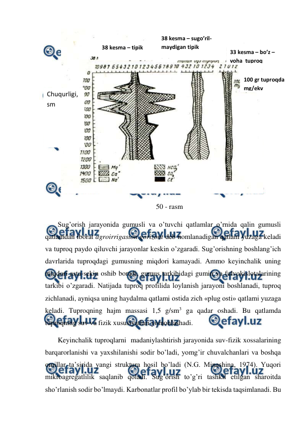  
 
 
50 - rasm 
Sug’orish jarayonida gumusli va o’tuvchi qatlamlar o’rnida qalin gumusli 
qatlamdan iborat agroirrigasion gorizont deb nomlanadigan qatlam yuzaga keladi 
va tuproq paydo qiluvchi jarayonlar keskin o’zgaradi. Sug’orishning boshlang’ich 
davrlarida tuproqdagi gumusning miqdori kamayadi. Ammo keyinchalik uning 
miqdori asta-sekin oshib boradi, gumus tarkibidagi gumin va fulvokislotalarining 
tarkibi o’zgaradi. Natijada tuproq profilida loylanish jarayoni boshlanadi, tuproq 
zichlanadi, ayniqsa uning haydalma qatlami ostida zich «plug osti» qatlami yuzaga 
keladi. Tuproqning hajm massasi 1,5 g/sm3 ga qadar oshadi. Bu qatlamda 
tuproqning suv va fizik xususiyatlari yomonlashadi. 
Keyinchalik tuproqlarni  madaniylashtirish jarayonida suv-fizik xossalarining 
barqarorlanishi va yaxshilanishi sodir bo’ladi, yomg’ir chuvalchanlari va boshqa  
omillar ta’sirida yangi struktura hosil bo’ladi (N.G. Minashina, 1974). Yuqori 
mikroagregatlilik saqlanib qoladi. Sug’orish to’g’ri tashkil etilgan sharoitda 
sho’rlanish sodir bo’lmaydi. Karbonatlar profil bo’ylab bir tekisda taqsimlanadi. Bu 
38 kesma – tipik  
bo’z tuproq 
38 kesma – sugo’ril-
maydigan tipik  
bo’z tuproq 
33 kesma – bo’z – 
voha  tuproq 
100 gr tuproqda 
mg/ekv 
Chuqurligi, 
sm 
