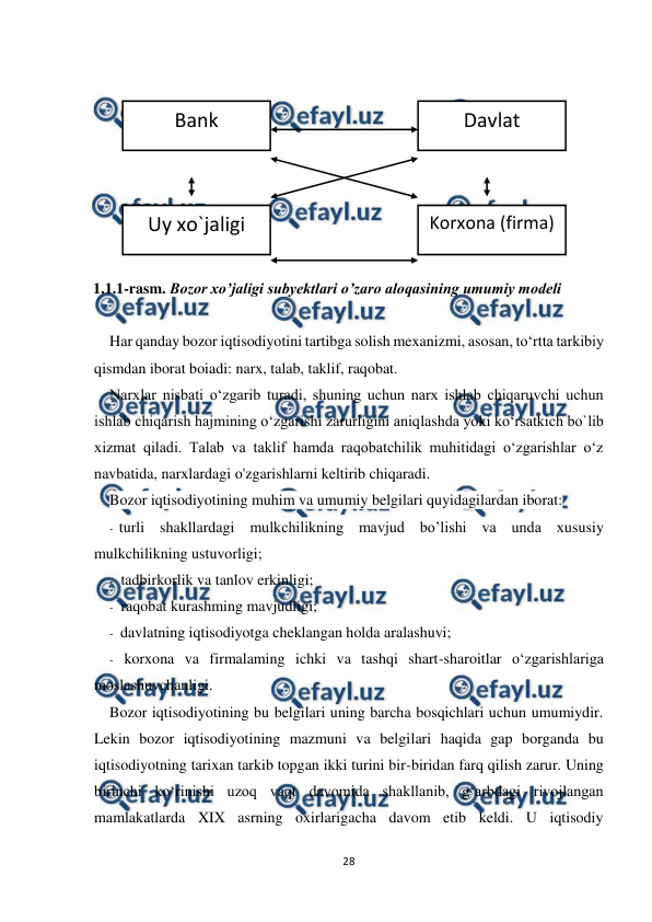  
 
28 
 
 
 
 
 
 
 
 
 
1.1.1-rasm. Bozor xo’jaligi subyektlari о’zaro aloqasining umumiy modeli 
 
Har qanday bozor iqtisodiyotini tartibga solish mexanizmi, asosan, to‘rtta tarkibiy 
qismdan iborat boiadi: narx, talab, taklif, raqobat. 
Narxlar nisbati o‘zgarib turadi, shuning uchun narx ishlab chiqaruvchi uchun 
ishlab chiqarish hajmining o‘zgarishi zarurligini aniqlashda yoki ko‘rsatkich bo`lib 
xizmat qiladi. Talab va taklif hamda raqobatchilik muhitidagi o‘zgarishlar o‘z 
navbatida, narxlardagi o'zgarishlarni keltirib chiqaradi. 
Bozor iqtisodiyotining muhim va umumiy belgilari quyidagilardan iborat: 
- turli shakllardagi mulkchilikning mavjud bo’lishi va unda xususiy 
mulkchilikning ustuvorligi; 
-  tadbirkorlik va tanlov erkinligi; 
-  raqobat kurashming mavjudligi; 
-  davlatning iqtisodiyotga cheklangan holda aralashuvi; 
- korxona va firmalaming ichki va tashqi shart-sharoitlar o‘zgarishlariga 
moslashuvchanligi. 
Bozor iqtisodiyotining bu belgilari uning barcha bosqichlari uchun umumiydir. 
Lekin bozor iqtisodiyotining mazmuni va belgilari haqida gap borganda bu 
iqtisodiyotning tarixan tarkib topgan ikki turini bir-biridan farq qilish zarur. Uning 
birinchi ko‘rinishi uzoq vaqt davomida shakllanib, g‘arbdagi rivojlangan 
mamlakatlarda XIX asrning oxirlarigacha davom etib keldi. U iqtisodiy 
Bank 
Korxona (firma) 
Davlat 
Uy xo`jaligi 
