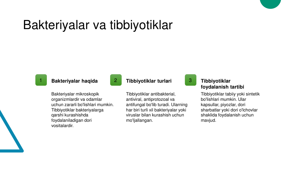 Bakteriyalar va tibbiyotiklar
1
Bakteriyalar haqida
Bakteriyalar mikroskopik 
organizmlardir va odamlar 
uchun zararli bo'lishlari mumkin. 
Tibbiyotiklar bakteriyalarga 
qarshi kurashishda 
foydalaniladigan dori 
vositalardir.
2
Tibbiyotiklar turlari
Tibbiyotiklar antibakterial, 
antiviral, antiprotozoal va 
antifungal bo'lib turadi. Ularning 
har biri turli xil bakteriyalar yoki 
viruslar bilan kurashish uchun 
mo'ljallangan.
3
Tibbiyotiklar 
foydalanish tartibi
Tibbiyotiklar tabiiy yoki sintetik 
bo'lishlari mumkin. Ular 
kapsullar, piyozlar, dori 
sharbatlar yoki dori o'lchovlar 
shaklida foydalanish uchun 
mavjud.
