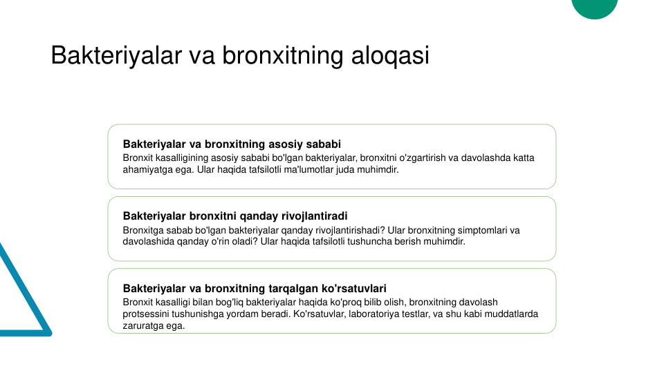 Bakteriyalar va bronxitning aloqasi
Bakteriyalar va bronxitning asosiy sababi
Bronxit kasalligining asosiy sababi bo'lgan bakteriyalar, bronxitni o'zgartirish va davolashda katta 
ahamiyatga ega. Ular haqida tafsilotli ma'lumotlar juda muhimdir.
Bakteriyalar bronxitni qanday rivojlantiradi
Bronxitga sabab bo'lgan bakteriyalar qanday rivojlantirishadi? Ular bronxitning simptomlari va 
davolashida qanday o'rin oladi? Ular haqida tafsilotli tushuncha berish muhimdir.
Bakteriyalar va bronxitning tarqalgan ko'rsatuvlari
Bronxit kasalligi bilan bog'liq bakteriyalar haqida ko'proq bilib olish, bronxitning davolash 
protsessini tushunishga yordam beradi. Ko'rsatuvlar, laboratoriya testlar, va shu kabi muddatlarda 
zaruratga ega.
