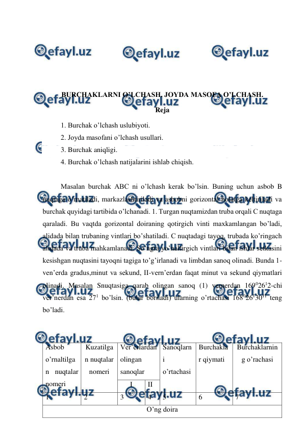  
 
 
 
 
 
BURCHAKLARNI O’LCHASH. JOYDA MASOFA O’LCHASH. 
Reja 
1. Burchak o’lchash uslubiyoti. 
2. Joyda masofani o’lchash usullari. 
3. Burchak aniqligi. 
4. Burchak o’lchash natijalarini ishlab chiqish. 
 
Masalan burchak ABC ni o’lchash kerak bo’lsin. Buning uchun asbob B 
nuqtaga o’rnatiladi, markazlashtiriladi va asbobni gorizontal holatga keltiriladi va 
burchak quyidagi tartibida o’lchanadi. 1. Turgan nuqtamizdan truba orqali C nuqtaga 
qaraladi. Bu vaqtda gorizontal doiraning qotirgich vinti maxkamlangan bo’ladi, 
alidada bilan trubaning vintlari bo’shatiladi. C nuqtadagi tayoq, trubada ko’ringach 
alidada va truba mahkamlanadi. So’ngra yo’naltirgich vintlari bilan ishlar setkasini 
kesishgan nuqtasini tayoqni tagiga to’g’irlanadi va limbdan sanoq olinadi. Bunda 1-
ven’erda gradus,minut va sekund, II-vern’erdan faqat minut va sekund qiymatlari 
olinadi. Masalan Snuqtasiga qarab olingan sanoq (1) vernerdan 16902612-chi 
ver’nerdan esa 271 bo’lsin. (bular boriladi) ularning o’rtachasi 16802613011 teng 
bo’ladi.  
 
 
Asbob 
o’rnaltilga
n nuqtalar 
nomeri  
Kuzatilga
n nuqtalar 
nomeri 
Ver’erlardan 
olingan 
sanoqlar  
Sanoqlarn
i 
o’rtachasi  
Burchakla
r qiymati 
Burchaklarnin
g o’rachasi 
I 
II 
1 
2 
3 
4 
5 
6 
7 
O’ng doira  
