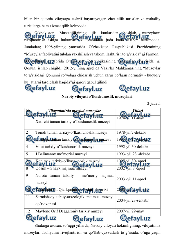  
 
bilan bir qatorda viloyatga tashrif buyurayotgan chet ellik turistlar va mahalliy 
turistlarga ham xizmat qilib kelmoqda. 
O’zbekiston 
Mustaqilligining 
ilk 
kunlaridan 
boshlab, 
muzeylarni 
rivojlantirish ishiga hukumatimiz tomonidan juda katta e’tibor berilmoqda. 
Jumladan; 1998-yilning yanvarida O’zbekiston Respublikasi Prezidentining 
“Muzeylar faoliyatini tubdan yaxshilash va takomillashtirish to’g’risida” gi Farmoni, 
2008-yilning sentabrida O’zbekiston Respublikasining “Muzeylar to’g’risida” gi 
Qonuni ishlab chiqildi. 2012-yilning aprelida Vazirlar Mahkamasining “Muzeylar 
to’g’risidagi Qonunni ro’yobga chiqarish uchun zarur bo’lgan normativ - huquqiy 
hujjatlarni tasdiqlash haqida”gi qarori qabul qilindi.  
 
Navoiy viloyati o’lkashunoslik muzeylari. 
2-jadval 
№ 
Viloyatimizda mavjud muzeylar 
Yillari 
1 
Хatirchi tuman tarixiy-o’lkashunoslik muzeyi 
1974-yil 11-may 
 
2 
Тomdi tuman tarixiy-o’lkashunoslik muzeyi 
1978-yil 7-dekabr 
3 
Qililtepa tuman tarixiy-o’lkashunoslik muzeyi 
1985-yil 15-yanvar 
4 
Vilot tarixiy-o’lkashunoslik muzeyi 
1992-yil 30-dekabr 
5 
J.Balimanov me’morial muzeyi 
1993- yil 23 -dekabr 
7 
Konimex tarixiy-o’lkashunoslik muzeyi 
1997-yil 30- aprel 
8 
Qosim – Shayx majmua muzeyi 
2002 -yil 8 -aprel 
9 
Nurota tuman tabaiiy – me’moriy majmua 
muzeyi 
2003 -yil 11-aprel 
10 
Zarafshon sh. Qizilqumni o’zlashtirish tarixi 
2003 -yil22-sentabr 
11 
Sarmishsoy tabiiy-arxeologik majmua muzeyi 
qo’riqxonasi 
2004-yil 23-sentabr 
12 
Mavlono Orif Deggaroniy tarixiy muzeyi 
2007-yil 29-may 
 
Shularga asosan, so’nggi yillarda, Navoiy viloyati hokimligining, viloyatimiz 
muzeylari faoliyatini rivojlantirish va qo’llab-quvvatlash to’g’risida, o’nga yaqin 
