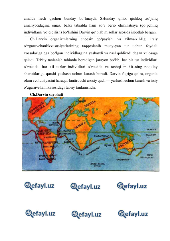 
 
amalda hech qachon bunday bo‘lmaydi. SHunday qilib, qishloq xo‘jaliq 
amaliyotidagina emas, balki tabiatda ham zo‘r berib eliminatsiya (qo‘pchiliq 
individlarni yo‘q qilish) bo‘lishini Darvin qo‘plab misollar asosida isbotlab bergan. 
Ch.Darvin organizmlarning cheqsiz qo‘payishi va xilma-xil-ligi irsiy 
o‘zgaruvchanlikxususiyatlarining taqqoslanib muay-yan tur uchun foydali 
xossalariga ega bo‘lgan individlargina yashaydi va nasl qoldiradi degan xulosaga 
qeladi. Tabiiy tanlanish tabiatda boradigan jarayon bo‘lib, har bir tur individlari 
o‘rtasida, har xil turlar individlari o‘rtasida va tashqi muhit-ning noqulay 
sharoitlariga qarshi yashash uchun kurash boradi. Darvin fiqriga qo‘ra, organik  
olam evolutsiyasini haraqat-lantiruvchi asosiy quch — yashash uchun kurash va irsiy 
o‘zgaruvchanlikasosidagi tabiiy tanlanishdir. 
Ch.Darvin sayohati 
 
 
 
 
 
 
 
 
 
