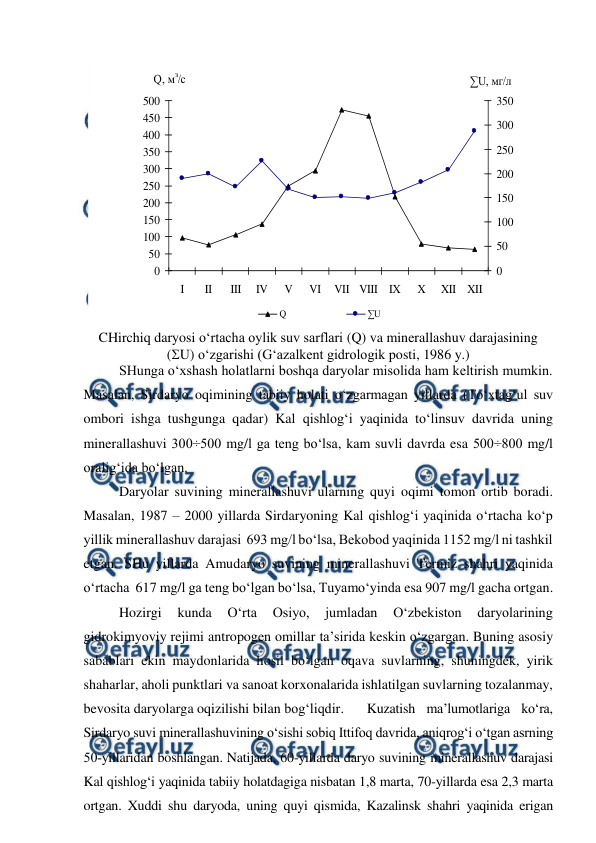  
 
 
 
CHirchiq daryosi o‘rtacha oylik suv sarflari (Q) va minerallashuv darajasining 
(U) o‘zgarishi (G‘azalkent gidrologik posti, 1986 y.) 
SHunga o‘xshash holatlarni boshqa daryolar misolida ham keltirish mumkin. 
Masalan, Sirdaryo oqimining tabiiy holati o‘zgarmagan yillarda (To‘xtag‘ul suv 
ombori ishga tushgunga qadar) Kal qishlog‘i yaqinida to‘linsuv davrida uning 
minerallashuvi 300÷500 mg/l ga teng bo‘lsa, kam suvli davrda esa 500÷800 mg/l 
oralig‘ida bo‘lgan. 
 
Daryolar suvining minerallashuvi ularning quyi oqimi tomon ortib boradi. 
Masalan, 1987 – 2000 yillarda Sirdaryoning Kal qishlog‘i yaqinida o‘rtacha ko‘p 
yillik minerallashuv darajasi  693 mg/l bo‘lsa, Bekobod yaqinida 1152 mg/l ni tashkil 
etgan. SHu yillarda Amudaryo suvining minerallashuvi Termiz shahri yaqinida 
o‘rtacha  617 mg/l ga teng bo‘lgan bo‘lsa, Tuyamo‘yinda esa 907 mg/l gacha ortgan. 
 
Hozirgi 
kunda 
O‘rta 
Osiyo, 
jumladan 
O‘zbekiston 
daryolarining 
gidrokimyoviy rejimi antropogen omillar ta’sirida keskin o‘zgargan. Buning asosiy 
sabablari ekin maydonlarida hosil bo‘lgan oqava suvlarning, shuningdek, yirik 
shaharlar, aholi punktlari va sanoat korxonalarida ishlatilgan suvlarning tozalanmay, 
bevosita daryolarga oqizilishi bilan bog‘liqdir.  
Kuzatish ma’lumotlariga ko‘ra, 
Sirdaryo suvi minerallashuvining o‘sishi sobiq Ittifoq davrida, aniqrog‘i o‘tgan asrning 
50­yillaridan boshlangan. Natijada, 60-yillarda daryo suvining minerallashuv darajasi 
Kal qishlog‘i yaqinida tabiiy holatdagiga nisbatan 1,8 marta, 70-yillarda esa 2,3 marta 
ortgan. Xuddi shu daryoda, uning quyi qismida, Kazalinsk shahri yaqinida erigan 
0
50
100
150
200
250
300
350
400
450
500
I
II
III
IV
V
VI
VII
VIII
IX
X
XII
XII
 Q, мз/с
0
50
100
150
200
250
300
350
∑U, мг/л 
Q
∑U 
