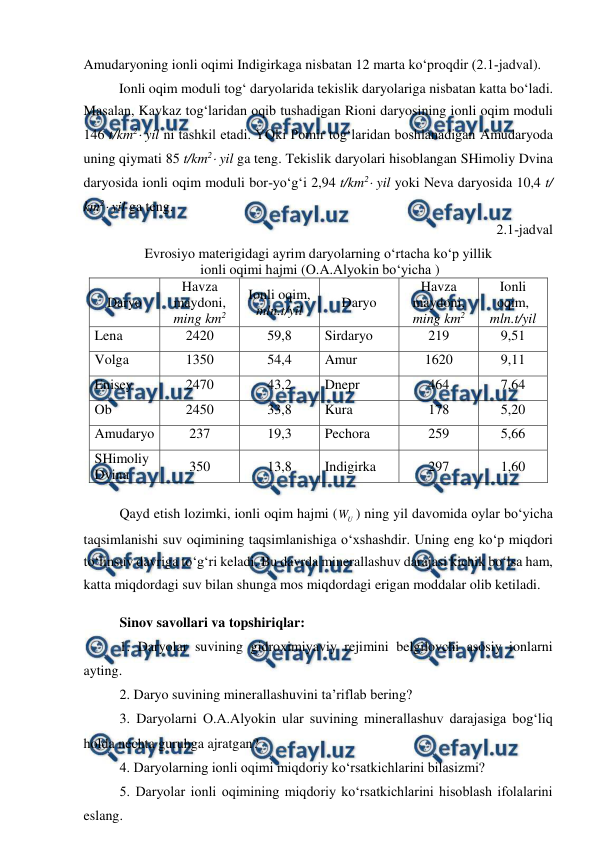  
 
 
Amudaryoning ionli oqimi Indigirkaga nisbatan 12 marta ko‘proqdir (2.1­jadval). 
 
Ionli oqim moduli tog‘ daryolarida tekislik daryolariga nisbatan katta bo‘ladi. 
Masalan, Kavkaz tog‘laridan oqib tushadigan Rioni daryosining ionli oqim moduli 
146 t/km2 yil ni tashkil etadi. YOki Pomir tog‘laridan boshlanadigan Amudaryoda 
uning qiymati 85 t/km2 yil ga teng. Tekislik daryolari hisoblangan SHimoliy Dvina 
daryosida ionli oqim moduli bor­yo‘g‘i 2,94 t/km2 yil yoki Neva daryosida 10,4 t/ 
km2 yil ga teng. 
 
2.1­jadval 
Evrosiyo materigidagi ayrim daryolarning o‘rtacha ko‘p yillik 
 ionli oqimi hajmi (O.A.Alyokin bo‘yicha ) 
Daryo 
Havza 
maydoni, 
ming km2 
Ionli oqim, 
mln.t/yil 
Daryo 
Havza 
maydoni, 
ming km2 
Ionli 
oqim, 
mln.t/yil 
Lena 
2420 
59,8 
Sirdaryo 
219 
9,51 
Volga 
1350 
54,4 
Amur 
1620 
9,11 
Enisey 
2470 
43,2 
Dnepr 
464 
7,64 
Ob 
2450 
33,8 
Kura 
178 
5,20 
Amudaryo 
237 
19,3 
Pechora 
259 
5,66 
SHimoliy 
Dvina 
350 
13,8 
Indigirka 
297 
1,60 
 
Qayd etish lozimki, ionli oqim hajmi (
U
W ) ning yil davomida oylar bo‘yicha 
taqsimlanishi suv oqimining taqsimlanishiga o‘xshashdir. Uning eng ko‘p miqdori 
to‘linsuv davriga to‘g‘ri keladi. Bu davrda minerallashuv darajasi kichik bo‘lsa ham, 
katta miqdordagi suv bilan shunga mos miqdordagi erigan moddalar olib ketiladi.  
 
Sinov savollari va topshiriqlar: 
1. Daryolar suvining gidroximiyaviy rejimini belgilovchi asosiy ionlarni 
ayting.  
2. Daryo suvining minerallashuvini ta’riflab bering?  
3. Daryolarni O.A.Alyokin ular suvining minerallashuv darajasiga bog‘liq 
holda nechta guruhga ajratgan? 
4. Daryolarning ionli oqimi miqdoriy ko‘rsatkichlarini bilasizmi?  
5. Daryolar ionli oqimining miqdoriy ko‘rsatkichlarini hisoblash ifolalarini 
eslang. 
