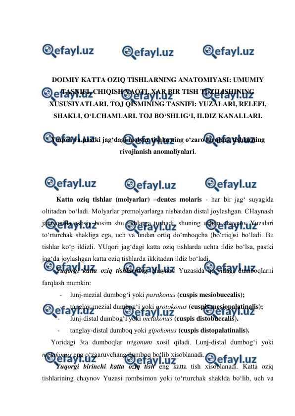  
 
 
 
 
 
DOIMIY KATTA OZIQ TISHLARNING ANATOMIYASI: UMUMIY 
TASNIFI, CHIQISH VAQTI, XAR BIR TISH TUZILISHINING 
XUSUSIYATLARI. TOJ QISMINING TASNIFI: YUZALARI, RELEFI, 
SHAKLI, O‘LCHAMLARI. TOJ BO‘SHLIG‘I, ILDIZ KANALLARI. 
 
Yuqori va pastki jag‘dagi molyar tishlarning o‘zaro farqlari, tishlarning 
rivojlanish anomaliyalari. 
 
 
 
Katta oziq tishlar (molyarlar) –dentes molaris - har bir jag‘ suyagida 
oltitadan bo‘ladi. Molyarlar premolyarlarga nisbatdan distal joylashgan. CHaynash 
jarayonida asosiy bosim shu tishlarga tushadi, shuning uchun chaynov Yuzalari 
to‘rturchak shakliga ega, uch va undan ortiq do‘mboqcha (bo‘rtiq)si bo‘ladi. Bu 
tishlar ko‘p ildizli. YUqori jag‘dagi katta oziq tishlarda uchta ildiz bo‘lsa, pastki 
jag‘da joylashgan katta oziq tishlarda ikkitadan ildiz bo‘ladi.  
Yuqorgi katta oziq tishlarning chaynov Yuzasida qo‘yidagi dumboqlarni 
farqlash mumkin: 
- 
lunj-mezial dumbog‘i yoki parakonus (cuspis mesiobuccalis); 
- 
tanglay-mezial dumbog‘i yoki protokonus (cuspis mesiopalatinalis); 
- 
lunj-distal dumbog‘i yoki metakonus (cuspis distobuccalis).  
- 
tanglay-distal dumboq yoki gipokonus (cuspis distopalatinalis). 
     Yoridagi 3ta dumboqlar trigonum xosil qiladi. Lunj-distal dumbog‘i yoki 
metakonus eng o‘zgaruvchang dumboq bo‘lib xisoblanadi.    
Yuqorgi birinchi katta oziq tish eng katta tish xisoblanadi. Katta oziq 
tishlarining chaynov Yuzasi rombsimon yoki to‘rturchak shaklda bo‘lib, uch va 
