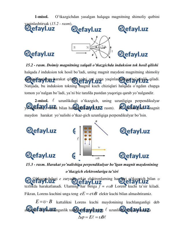  
 
 
1-misol.  
O’tkazgichdan yasalgan halqaga magnitning shimoliy qutbini 
yaqinlashtirsak (15.2 - rasm),  
 
 
15.2 - rasm. Doimiy magnitning xalqali o’tkazgichda induksion tok hosil qilishi 
halqada I induksion tok hosil bo’ladi, uning magnit maydoni magnitning shimoliy 
qutbini itarishga harakat qiladi, ya’ni uni yana yaqinlashishiga to’sqinlik qiladi. 
Natijada, bu induksion tokning magnit kuch chiziqlari halqada o’ngdan chapga 
tomon yo’nalgan bo’ladi, ya’ni biz tarafda pastdan yuqoriga qarab yo’nalgandir.  
2-misol.  uzunlikdagi o’tkazgich, uning uzunligiga perpendikulyar 
yo’nalishda  tezlik bilan harakatlansin (15.3 - rasm).   B   induksiyali   magnit   
maydon   harakat  yo’nalishi o’tkaz-gich uzunligiga perpendikulyar bo’lsin. 
 
15.3 - rasm. Harakat yo’nalishiga perpendikulyar bo’lgan magnit maydonining 
o’tkazgich elektronlariga ta’siri 
        O’tkazgichdagi e zaryadli erkin elektronlarning har biri o’tkazgich bilan  
tezlikda harakatlanadi. Ularning har biriga f = eB Lorens kuchi ta’sir kiladi. 
Fikran, Lorens kuchini unga teng 
B
е
еE


 elektr kuchi bilan almashtiramiz. 
 
B
E


 kattalikni Lorens kuchi maydonining kuchlanganligi deb 
ataymiz. Bu kuchlanganlik xuddi o’tkazgichning  uzunlikka teng kesmasiga 


B
E





 
