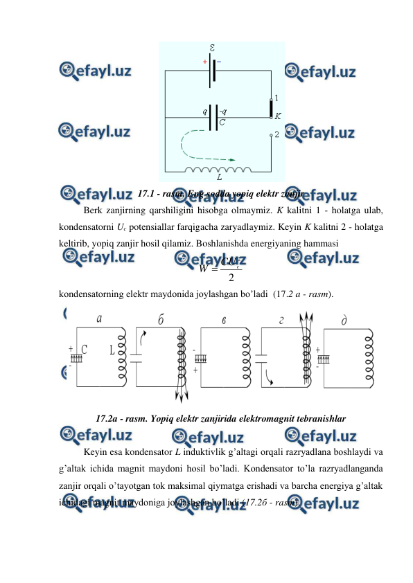  
 
 
17.1 - rasm. Eng sodda yopiq elektr zanjir 
Berk zanjirning qarshiligini hisobga olmaymiz. K kalitni 1 - holatga ulab, 
kondensatorni Uc potensiallar farqigacha zaryadlaymiz. Keyin K kalitni 2 - holatga 
keltirib, yopiq zanjir hosil qilamiz. Boshlanishda energiyaning hammasi 
2
2
c
CU
W 
 
kondensatorning elektr maydonida joylashgan bo’ladi  (17.2 a - rasm). 
 
17.2a - rasm. Yopiq elektr zanjirida elektromagnit tebranishlar 
 
Keyin esa kondensator L induktivlik g’altagi orqali razryadlana boshlaydi va 
g’altak ichida magnit maydoni hosil bo’ladi. Kondensator to’la razryadlanganda 
zanjir orqali o’tayotgan tok maksimal qiymatga erishadi va barcha energiya g’altak 
ichidagi magnit maydoniga joylashgan bo’ladi (17.2б - rasm). 
