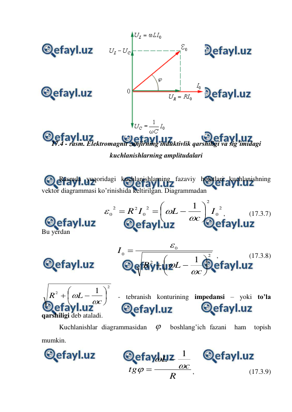  
 
 
17.4 - rasm. Elektromagnit zanjirning induktivlik qarshiligi va sig’imidagi 
kuchlanishlarning amplitudalari 
 
 
Rasmda yuqoridagi kuchlanishlarning fazaviy holatlari kuchlanishning 
vektor diagrammasi ko’rinishida keltirilgan. Diagrammadan 
    
2
0
2
2
0
2
2
0
1
I
c
L
I
R












,              (17.3.7) 
Bu yerdan 
2
2
0
0
1 








c
L
R
I



 ,                  (17.3.8) 
2
2
1 







c
L
R


 - tebranish konturining impedansi – yoki to’la 
qarshiligi deb ataladi. 
 
Kuchlanishlar diagrammasidan    boshlang’ich fazani  ham  topish 
mumkin. 
R
c
L
tg



1


,                                (17.3.9) 
