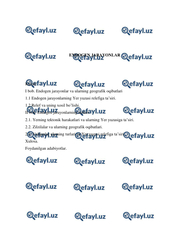  
 
 
 
 
 
 
ENDOGEN JARAYONLAR 
 
 
 
Kirish: 
I bob. Endogen jarayonlar va ularning geografik oqibatlari 
1.1 Endogen jarayonlarning Yer yuzasi relefiga ta’siri. 
1.2.Relef va uning xosil bo’lishi. 
II bob. Endogen jarayonlarning turlari.  
2.1. Yerning tektonik harakatlari va ularning Yer yuzasiga ta’siri. 
2.2. Zilzilalar va ularning geografik oqibatlari. 
2.3. Vulqonlar ularning turlari va Yer yuzasi relefiga ta’siri.  
Xulosa.  
Foydanilgan adabiyotlar. 
 
