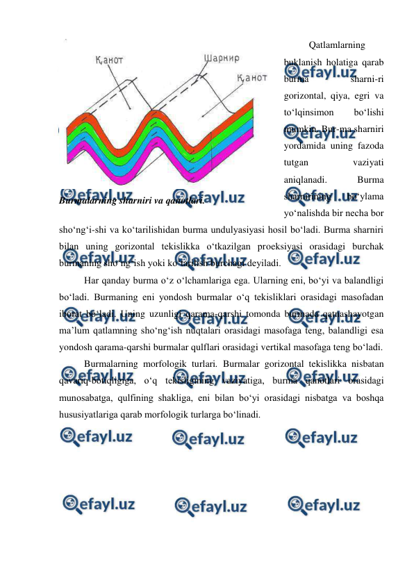  
 
Qatlamlarning 
buklanish holatiga qarab 
burma 
sharni-ri 
gorizontal, qiya, egri va 
to‘lqinsimon 
bo‘lishi 
mumkin. Bur-ma sharniri 
yordamida uning fazoda 
tutgan 
vaziyati 
aniqlanadi. 
Burma 
sharnirining 
bo‘ylama 
yo‘nalishda bir necha bor 
sho‘ng‘i-shi va ko‘tarilishidan burma undulyasiyasi hosil bo‘ladi. Burma sharniri 
bilan uning gorizontal tekislikka o‘tkazilgan proeksiyasi orasidagi burchak 
burmaning sho‘ng‘ish yoki ko‘tarilish burchagi deyiladi.  
Har qanday burma o‘z o‘lchamlariga ega. Ularning eni, bo‘yi va balandligi 
bo‘ladi. Burmaning eni yondosh burmalar o‘q tekisliklari orasidagi masofadan 
iborat bo‘ladi. Uning uzunligi qarama-qarshi tomonda burmada qatnashayotgan 
ma’lum qatlamning sho‘ng‘ish nuqtalari orasidagi masofaga teng, balandligi esa 
yondosh qarama-qarshi burmalar qulflari orasidagi vertikal masofaga teng bo‘ladi. 
Burmalarning morfologik turlari. Burmalar gorizontal tekislikka nisbatan 
qavariq-botiqligiga, o‘q tekisligining vaziyatiga, burma qanotlari orasidagi 
munosabatga, qulfining shakliga, eni bilan bo‘yi orasidagi nisbatga va boshqa 
hususiyatlariga qarab morfologik turlarga bo‘linadi. 
 
 
Burmalarning sharniri va qanotlari. 
