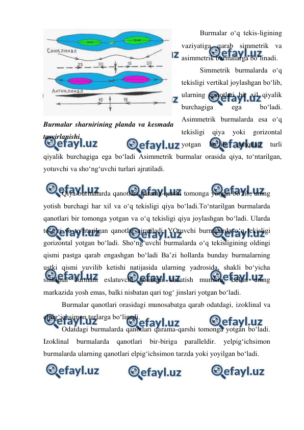  
 
Burmalar o‘q tekis-ligining 
vaziyatiga qarab simmetrik va 
asimmetrik burmalarga bo‘linadi.  
Simmetrik burmalarda o‘q 
tekisligi vertikal joylashgan bo‘lib, 
ularning qanotlari bir xil qiyalik 
burchagiga 
ega 
bo‘ladi. 
Asimmetrik burmalarda esa o‘q 
tekisligi 
qiya 
yoki 
gorizontal 
yotgan 
bo‘lib, 
qanotlari 
turli 
qiyalik burchagiga ega bo‘ladi Asimmetrik burmalar orasida qiya, to‘ntarilgan, 
yotuvchi va sho‘ng‘uvchi turlari ajratiladi. 
 
Qiya burmalarda qanotlari qarama-qarshi tomonga yotgan bo‘lib, uning 
yotish burchagi har xil va o‘q tekisligi qiya bo‘ladi.To‘ntarilgan burmalarda 
qanotlari bir tomonga yotgan va o‘q tekisligi qiya joylashgan bo‘ladi. Ularda 
to‘g‘ri va to‘ntarilgan qanotlar ajratiladi. YOtuvchi burmalarda o‘q tekisligi 
gorizontal yotgan bo‘ladi. Sho‘ng‘uvchi burmalarda o‘q tekisligining oldingi 
qismi pastga qarab engashgan bo‘ladi Ba’zi hollarda bunday burmalarning 
ustki qismi yuvilib ketishi natijasida ularning yadrosida, shakli bo‘yicha 
sinklinal burmani eslatuvchi qoldiqni kuzatish mumkin. Lekin uning 
markazida yosh emas, balki nisbatan qari tog‘ jinslari yotgan bo‘ladi. 
Burmalar qanotlari orasidagi munosabatga qarab odatdagi, izoklinal va 
elpig‘ichsimon turlarga bo‘linadi. 
Odatdagi burmalarda qanotlari qarama-qarshi tomonga yotgan bo‘ladi. 
Izoklinal burmalarda qanotlari bir-biriga paralleldir. 
yelpig‘ichsimon 
burmalarda ularning qanotlari elpig‘ichsimon tarzda yoki yoyilgan bo‘ladi. 
 
 
Burmalar sharnirining planda va kesmada 
tasvirlanishi. 
