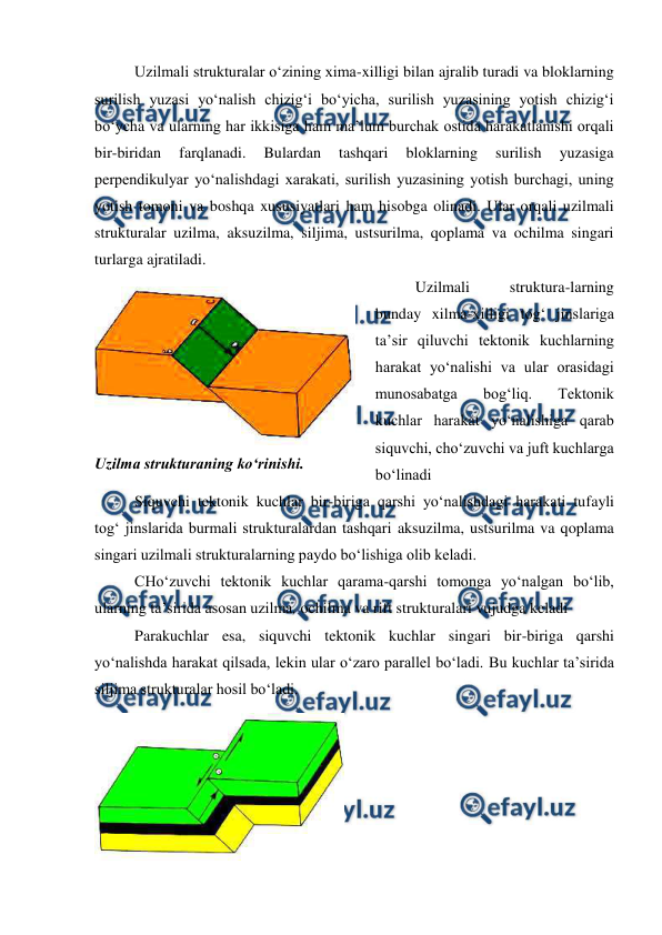  
 
Uzilmali strukturalar o‘zining xima-xilligi bilan ajralib turadi va bloklarning 
surilish yuzasi yo‘nalish chizig‘i bo‘yicha, surilish yuzasining yotish chizig‘i 
bo‘ycha va ularning har ikkisiga ham ma’lum burchak ostida harakatlanishi orqali 
bir-biridan 
farqlanadi. 
Bulardan 
tashqari 
bloklarning 
surilish 
yuzasiga 
perpendikulyar yo‘nalishdagi xarakati, surilish yuzasining yotish burchagi, uning 
yotish tomoni va boshqa xususiyatlari ham hisobga olinadi. Ular orqali uzilmali 
strukturalar uzilma, aksuzilma, siljima, ustsurilma, qoplama va ochilma singari 
turlarga ajratiladi. 
Uzilmali 
struktura-larning 
bunday xilma-xilligi tog‘ jinslariga 
ta’sir qiluvchi tektonik kuchlarning 
harakat yo‘nalishi va ular orasidagi 
munosabatga 
bog‘liq. 
Tektonik 
kuchlar harakat yo‘nalishiga qarab 
siquvchi, cho‘zuvchi va juft kuchlarga 
bo‘linadi  
Siquvchi tektonik kuchlar bir-biriga qarshi yo‘nalishdagi harakati tufayli 
tog‘ jinslarida burmali strukturalardan tashqari aksuzilma, ustsurilma va qoplama 
singari uzilmali strukturalarning paydo bo‘lishiga olib keladi. 
CHo‘zuvchi tektonik kuchlar qarama-qarshi tomonga yo‘nalgan bo‘lib, 
ularning ta’sirida asosan uzilma, ochilma va rift strukturalari vujudga keladi  
Parakuchlar esa, siquvchi tektonik kuchlar singari bir-biriga qarshi 
yo‘nalishda harakat qilsada, lekin ular o‘zaro parallel bo‘ladi. Bu kuchlar ta’sirida 
siljima strukturalar hosil bo‘ladi. 
 
Uzilma strukturaning ko‘rinishi. 
