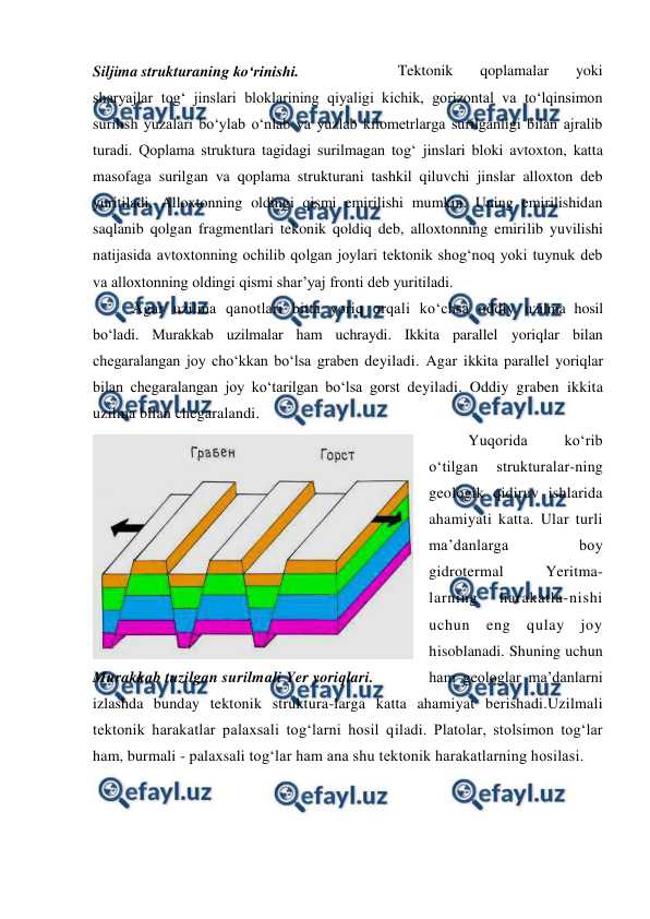  
 
Tektonik 
qoplamalar 
yoki 
sharyajlar tog‘ jinslari bloklarining qiyaligi kichik, gorizontal va to‘lqinsimon 
surilish yuzalari bo‘ylab o‘nlab va yuzlab kilometrlarga surilganligi bilan ajralib 
turadi. Qoplama struktura tagidagi surilmagan tog‘ jinslari bloki avtoxton, katta 
masofaga surilgan va qoplama strukturani tashkil qiluvchi jinslar alloxton deb 
yuritiladi. Alloxtonning oldingi qismi emirilishi mumkin. Uning emirilishidan 
saqlanib qolgan fragmentlari tekonik qoldiq deb, alloxtonning emirilib yuvilishi 
natijasida avtoxtonning ochilib qolgan joylari tektonik shog‘noq yoki tuynuk deb 
va alloxtonning oldingi qismi shar’yaj fronti deb yuritiladi. 
Agar uzilma qanotlari bitta yoriq orqali ko‘chsa oddiy uzilma hosil 
bo‘ladi. Murakkab uzilmalar ham uchraydi. Ikkita parallel yoriqlar bilan 
chegaralangan joy cho‘kkan bo‘lsa graben deyiladi. Agar ikkita parallel yoriqlar 
bilan chegaralangan joy ko‘tarilgan bo‘lsa gorst deyiladi. Oddiy graben ikkita 
uzilma bilan chegaralandi.  
Yuqorida 
ko‘rib 
o‘tilgan 
strukturalar-ning 
geologik qidiruv ishlarida 
ahamiyati katta. Ular turli 
ma’danlarga 
boy 
gidrotermal 
Yeritma-
larning 
harakatla-nishi 
uchun eng qulay joy 
hisoblanadi. Shuning uchun 
ham geologlar ma’danlarni 
izlashda bunday tektonik struktura-larga katta ahamiyat berishadi.Uzilmali 
tektonik harakatlar palaxsali tog‘larni hosil qiladi. Platolar, stolsimon tog‘lar 
ham, burmali - palaxsali tog‘lar ham ana shu tektonik harakatlarning hosilasi. 
 
 
Siljima strukturaning ko‘rinishi. 
 
Murakkab tuzilgan surilmali Yer yoriqlari. 
